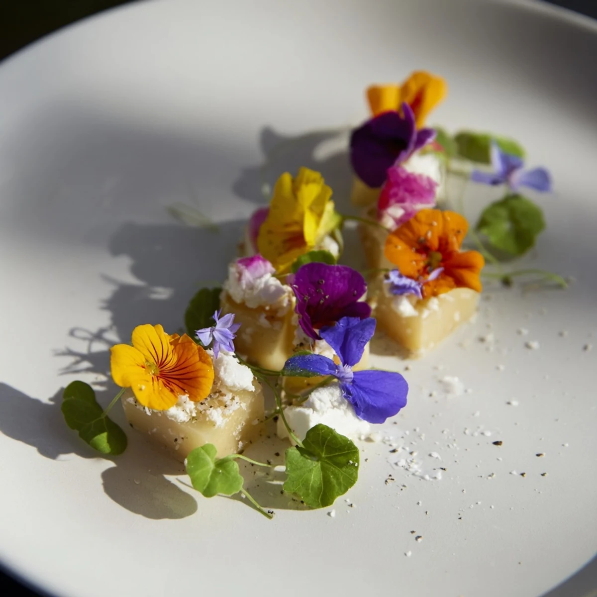 A vibrant platter of The Secret Garden appetizer, showcasing cheese cubes under edible flowers.