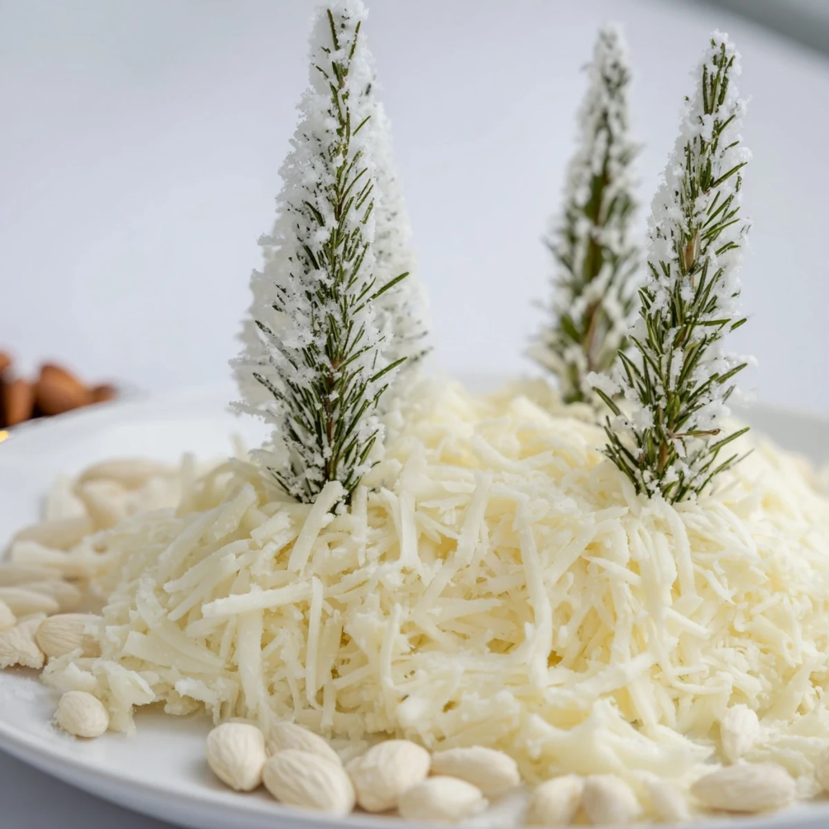 Festive "Frosted Pine" appetizer: a winter cheese board with sugared rosemary and almonds scattered.