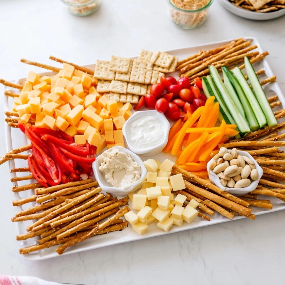A visually appealing Urban Grid snack platter features colorful ingredients arranged in pretzel rod streets.