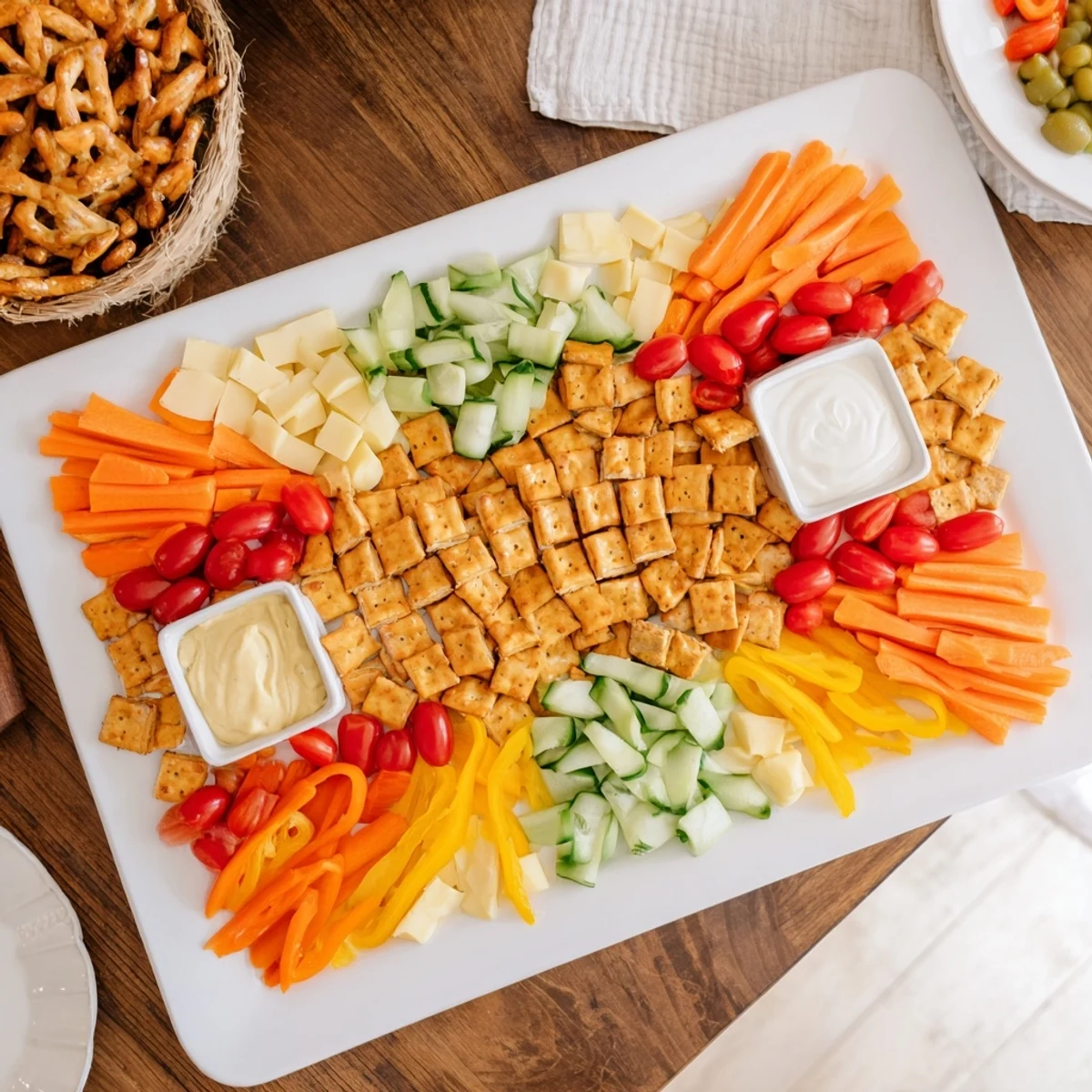 Pretzel roads form the city blocks of this Urban Grid appetizer, filled with cheese, meats, and fresh veggies.