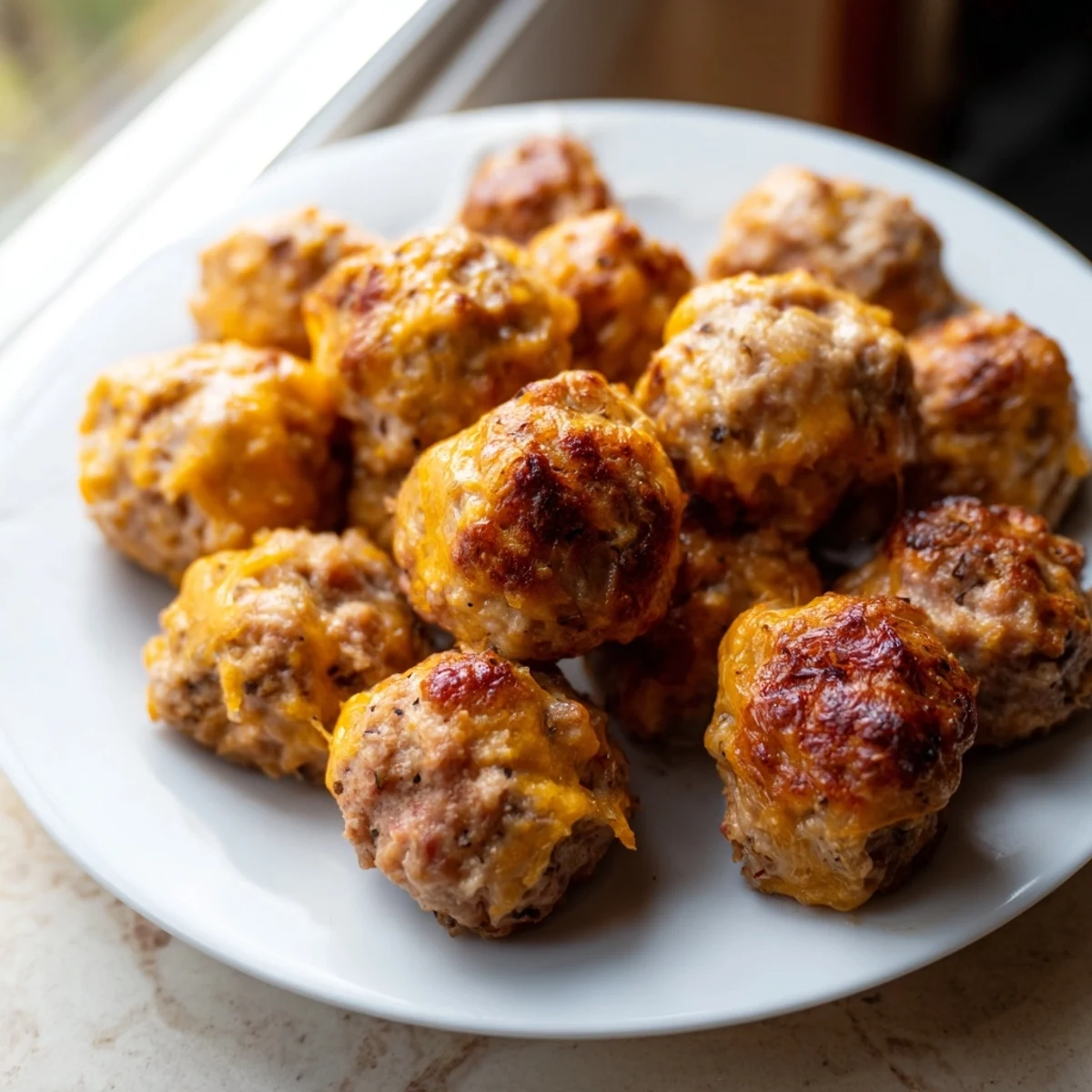Close up of cheesy Chicken and Sausage Bisquick Balls, baked to a delicious golden crisp.
