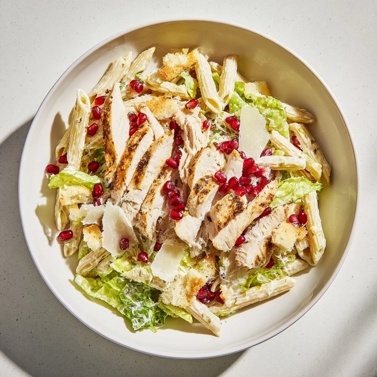 Creamy Chicken Caesar Pasta salad with juicy pomegranate, a colorful and flavorful main dish.