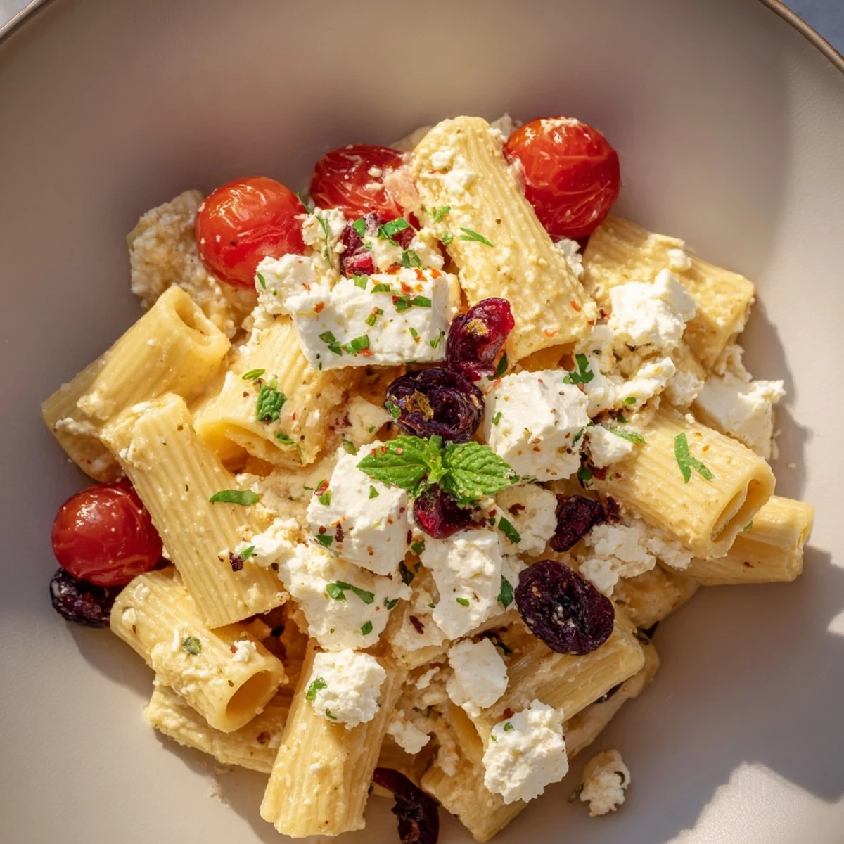 Enjoy a comforting bowl of Baked Feta Pasta, featuring a creamy tomato and feta sauce.
