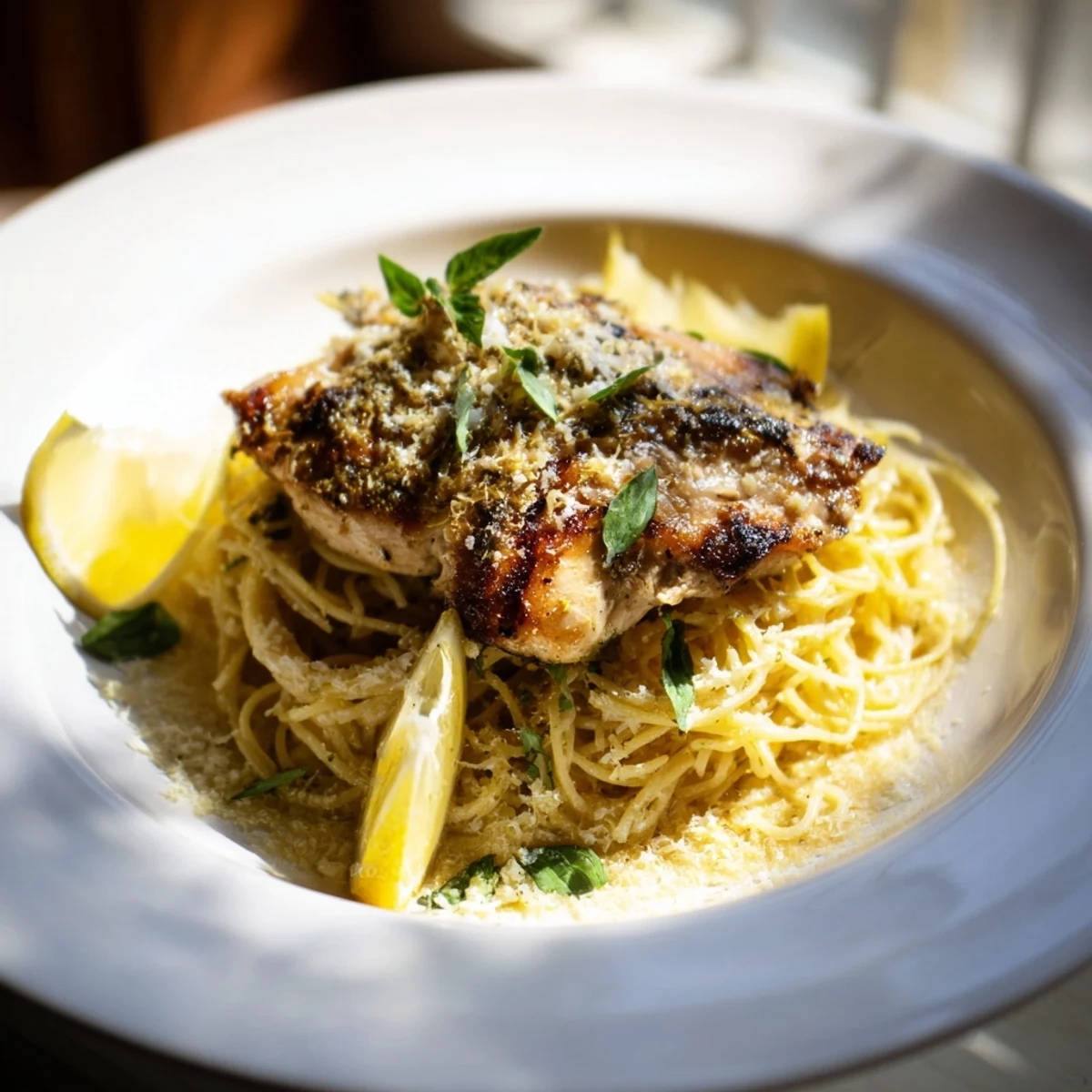 A close-up reveals the vibrant flavors of pasta with lemon brûlée chicken, garnished with fresh parsley.