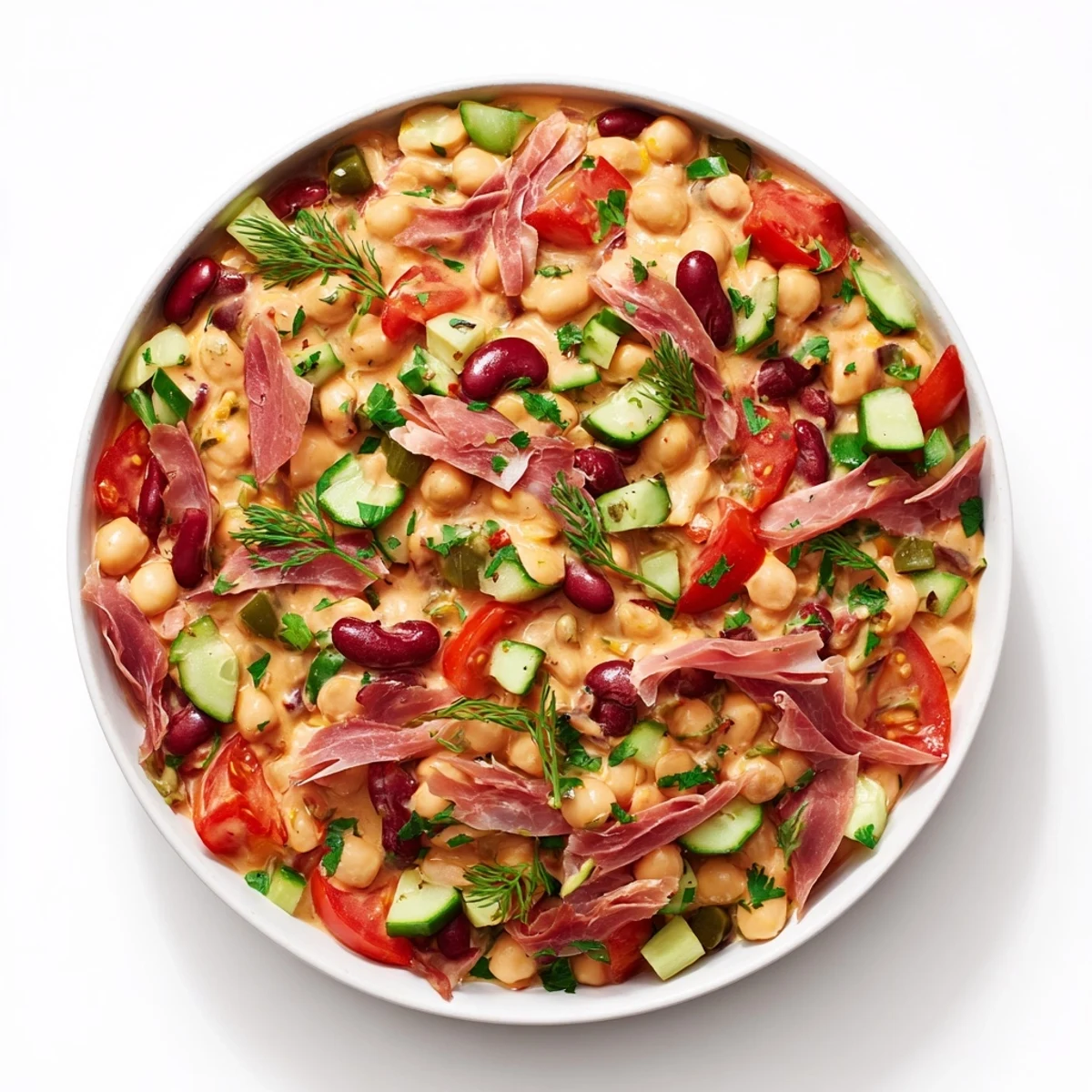 Vibrant Dense Bean Salad with Prosciutto, topped with prosciutto ribbons and fresh herbs for serving.