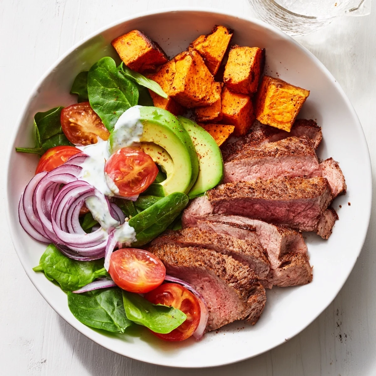 Beef Avocado Sweet Potato Bowl with tender beef, creamy avocado, and roasted sweet potatoes arranged beautifully.