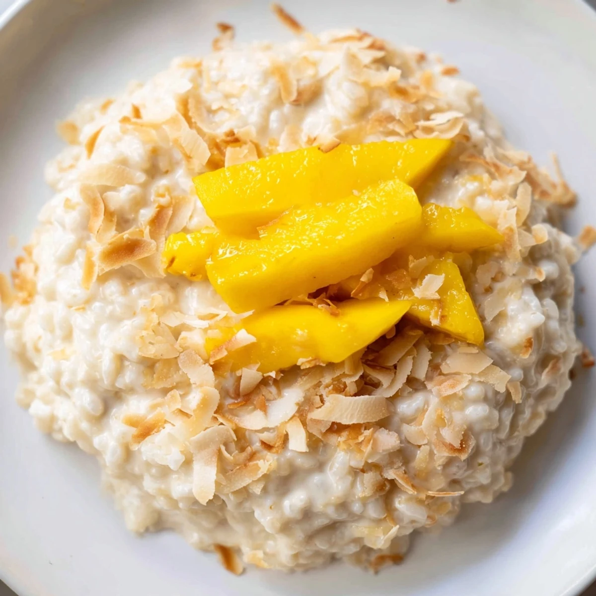 Close-up of a bowl of rich toasted coconut rice pudding, fragrant and waiting for the first bite.