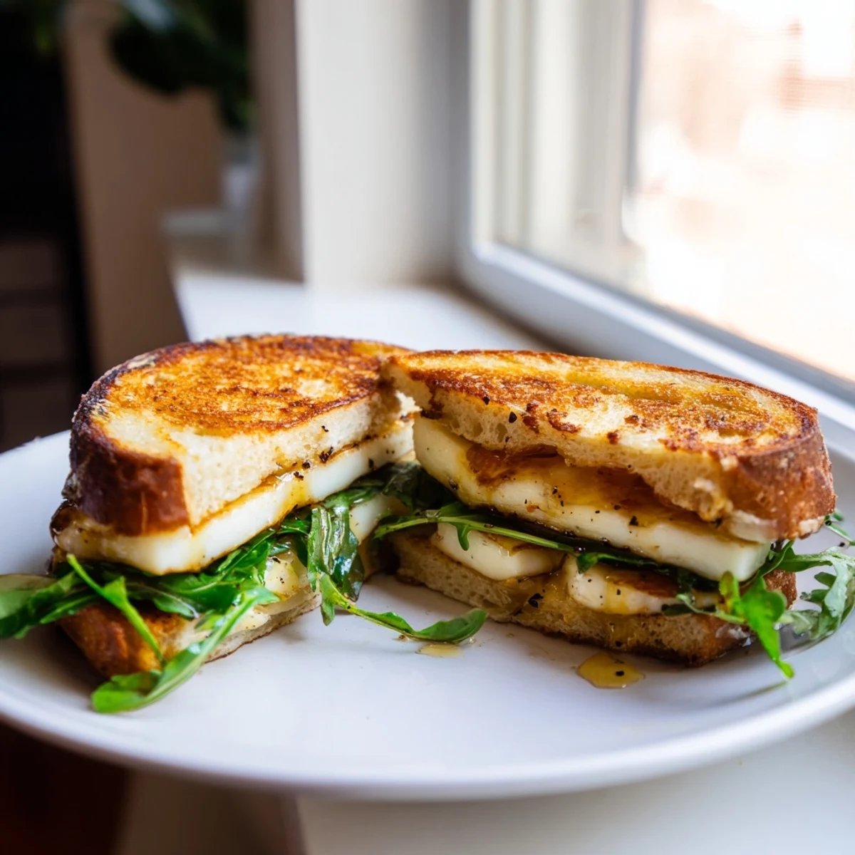 Toasted artisan bread surrounding slices of perfectly grilled halloumi for a delicious grilled cheese.