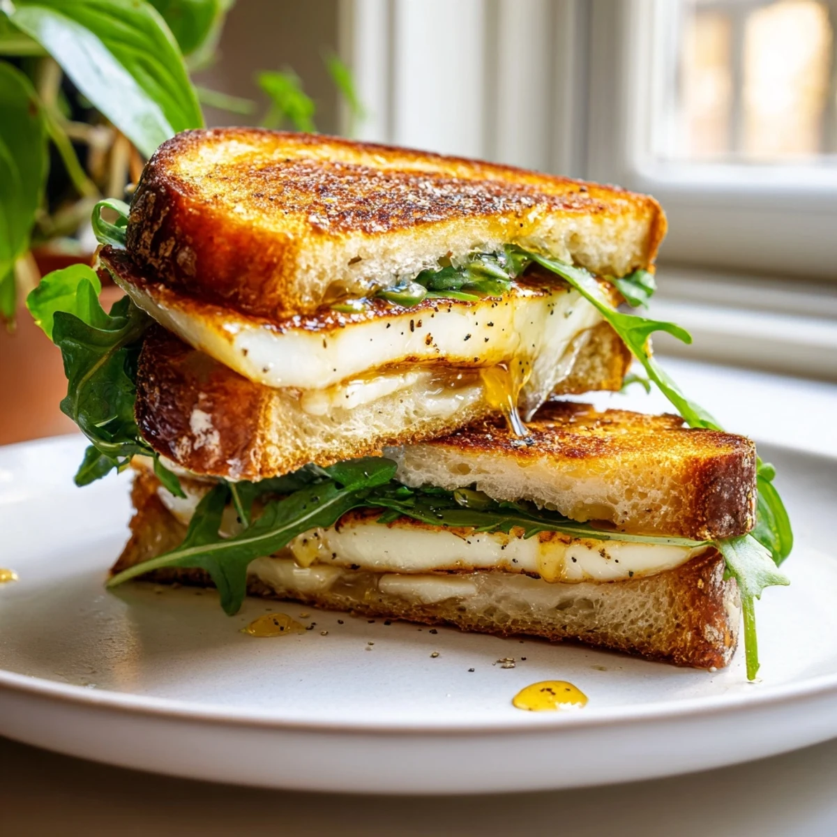 Golden, crispy halloumi grilled cheese sandwich, oozing with melted cheese, ready to eat.