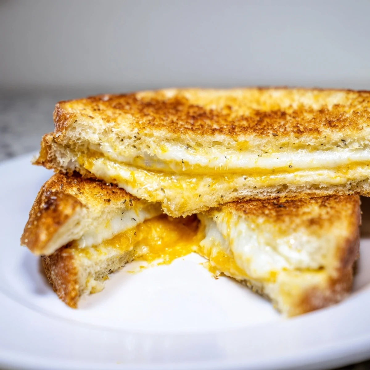 Crispy edges of Garlic Butter Mayo Grilled Cheese with melted cheddar, ready for a satisfying, warm bite.