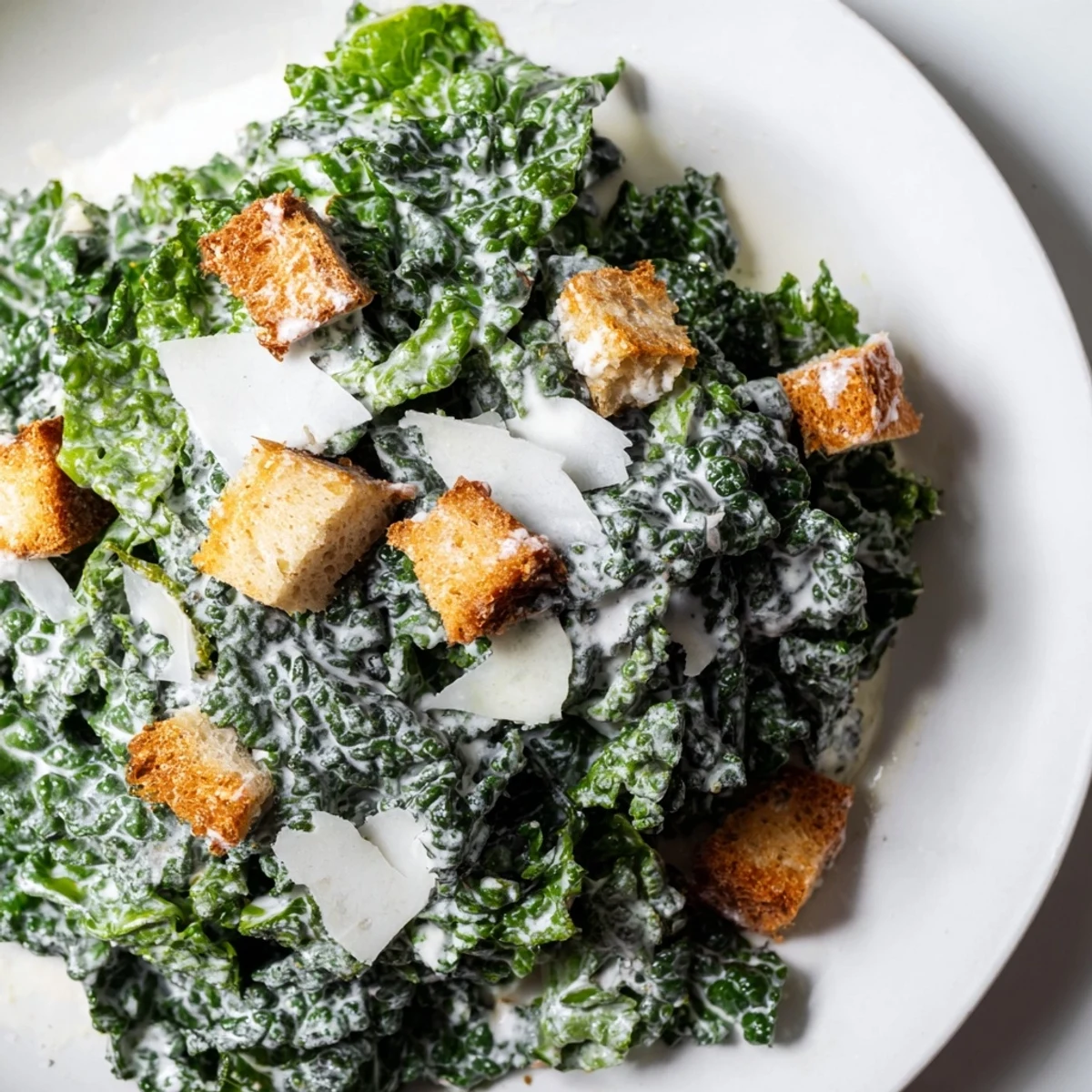 Fresh Kale Caesar Salad with crispy croutons and shaved Parmesan, a delicious lunch.