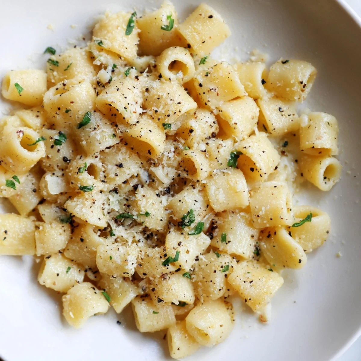 Golden ditalini pasta coated in a creamy garlic butter sauce, ready to serve with Parmesan.