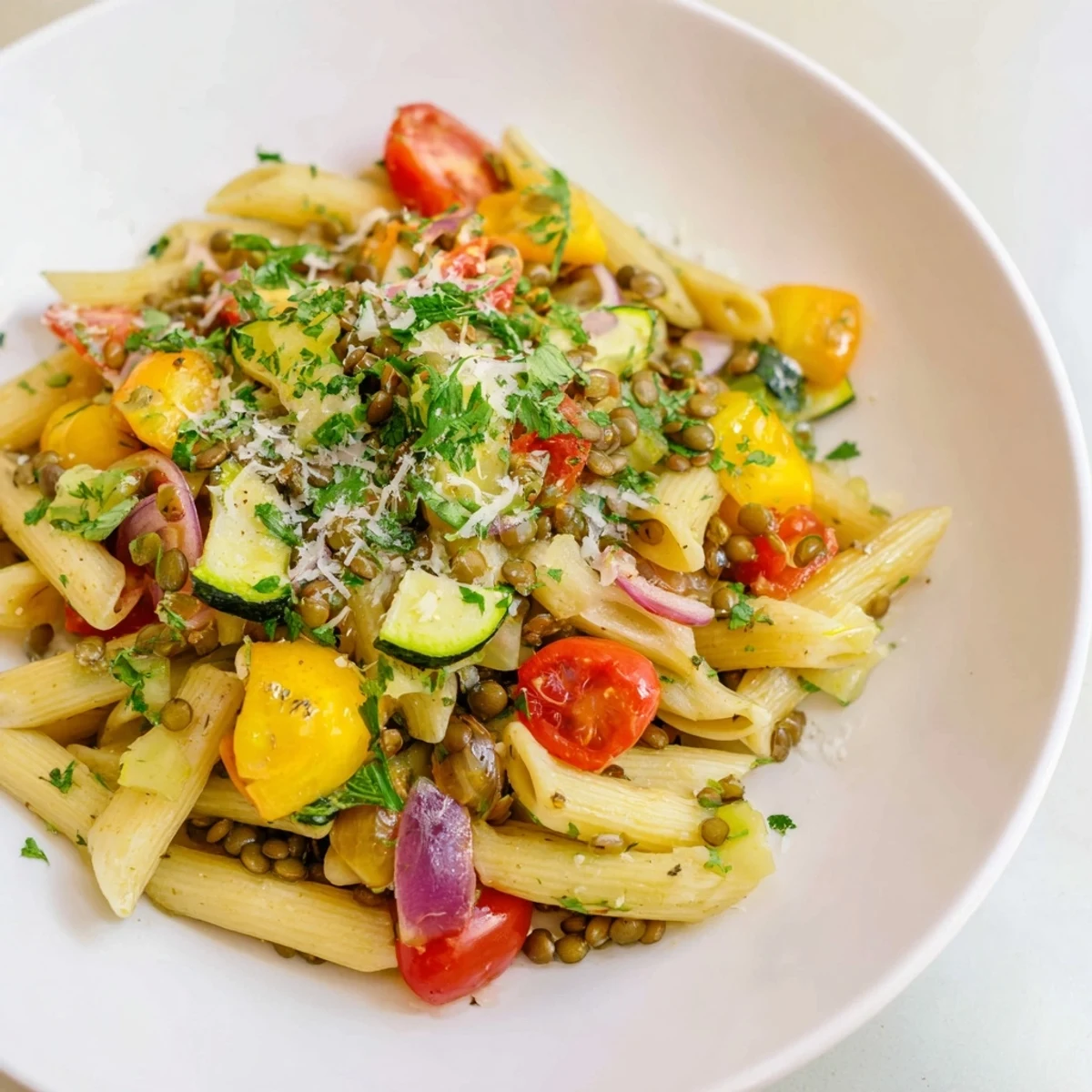 Steaming Lentil Pasta with Vegetables: a colorful Mediterranean main course, seasoned with fresh herbs.