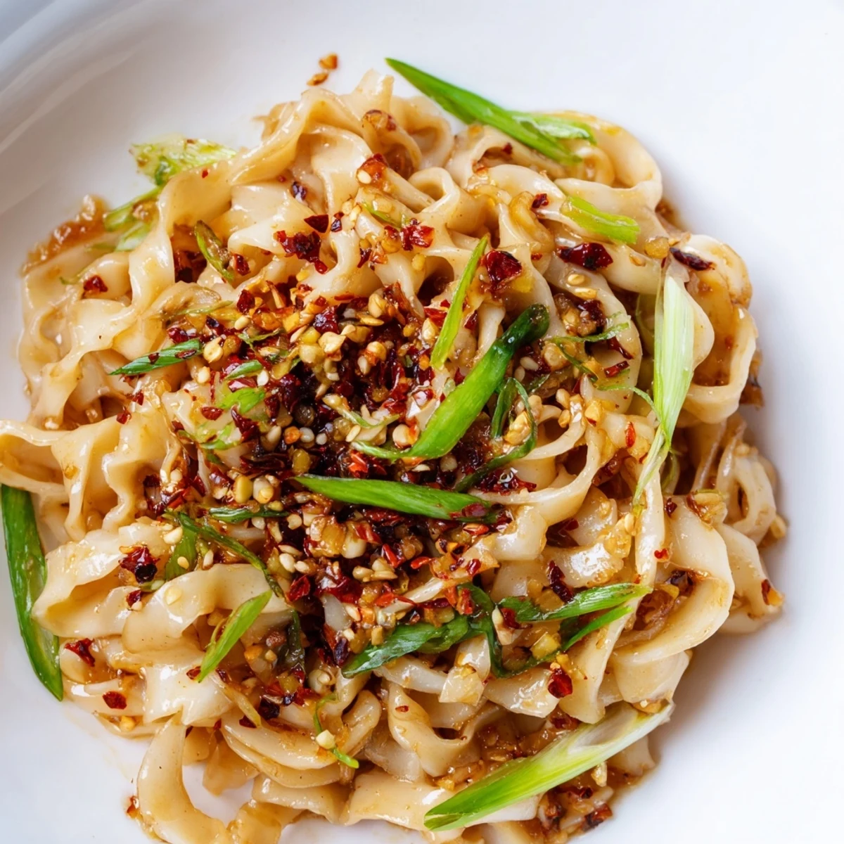 Close-up of perfectly coated Garlic Chili Oil Noodles, offering a rich aroma and spicy flavor.