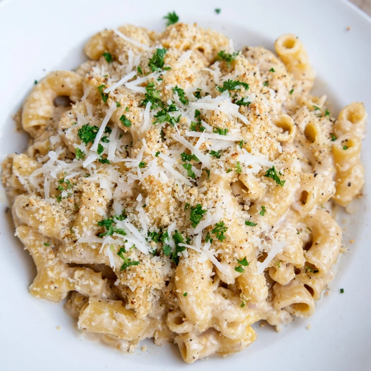 High-Protein Mac & Cheese with a velvety, blended cottage cheese sauce, ready to serve and enjoy.