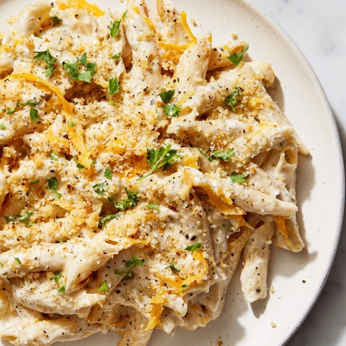 Golden, baked High-Protein Mac & Cheese, with a breadcrumb topping, is a comforting, healthy meal.