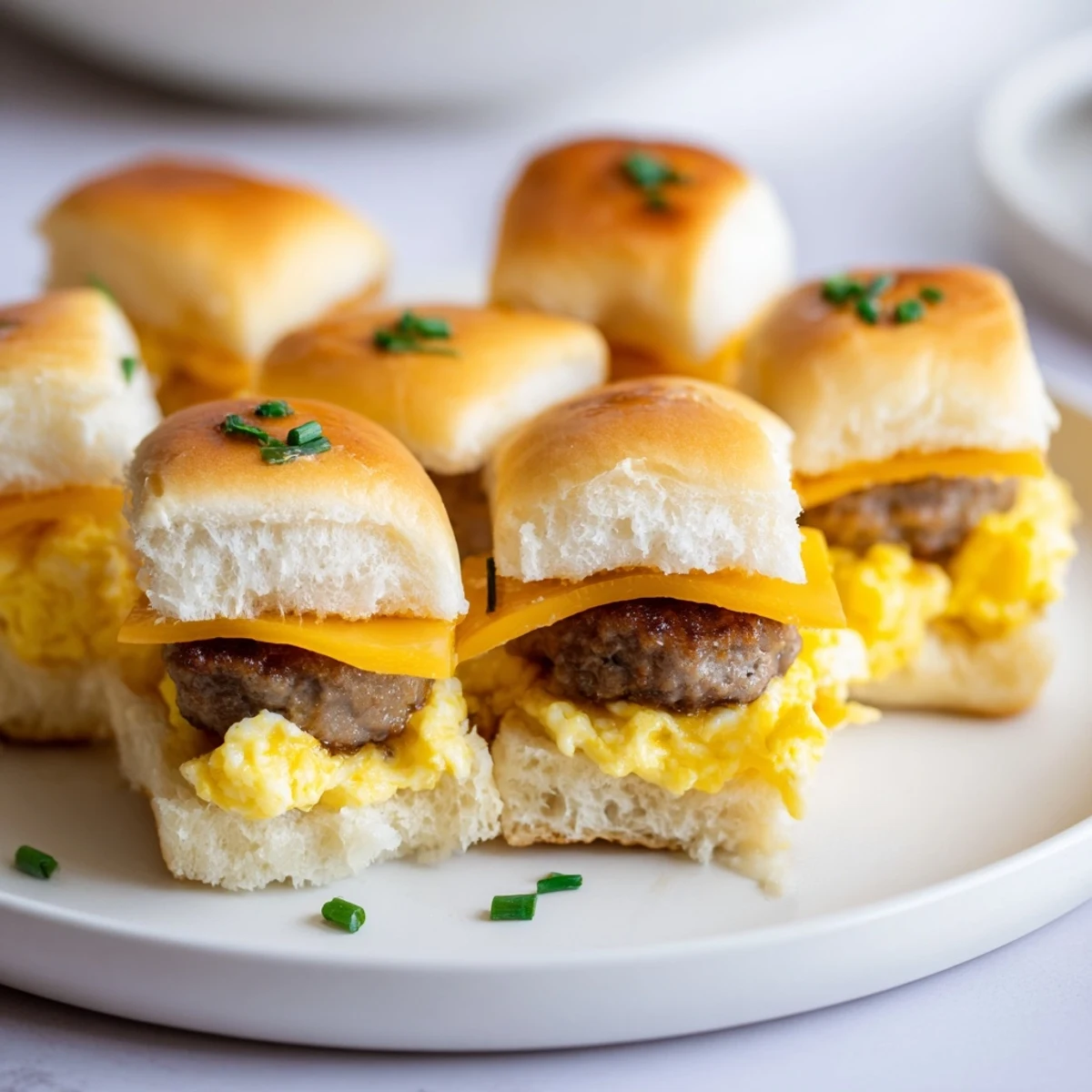 Golden-brown, perfectly stacked mini breakfast sliders, a tasty and easy American brunch recipe visualized.