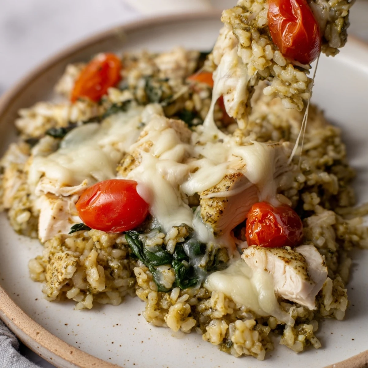 Golden, bubbly Chicken Pesto Rice Bake fresh from the oven, offering a delightful cheesy aroma.