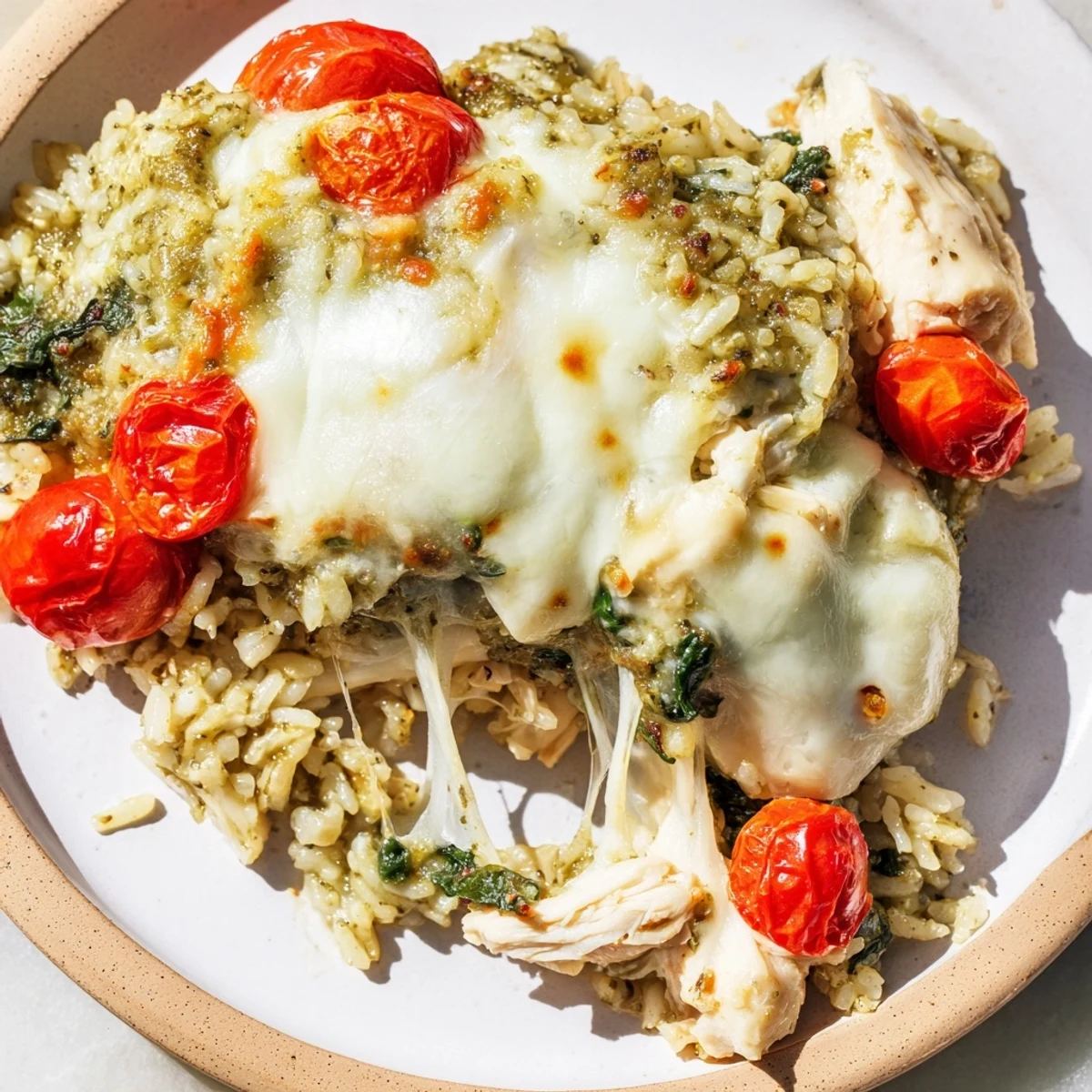 A close-up of a steaming bowl of Chicken Pesto Rice Bake, garnished with fresh basil leaves.