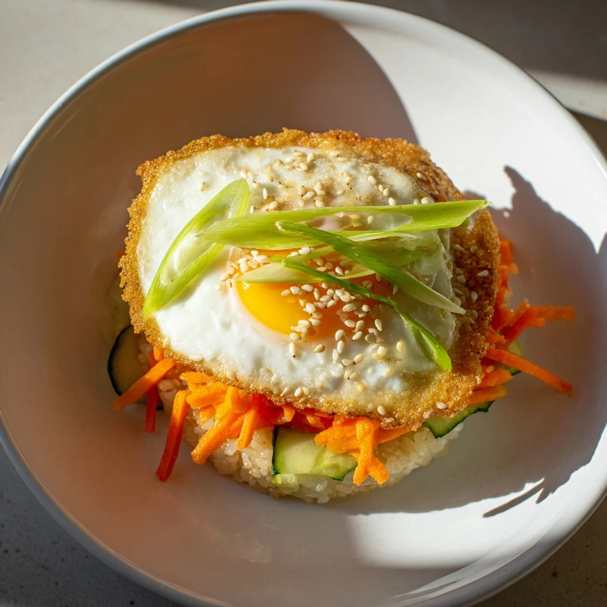 Golden, crispy egg rice bowl: featuring a perfect fried egg atop crunchy rice, vegetables and savory sauce.