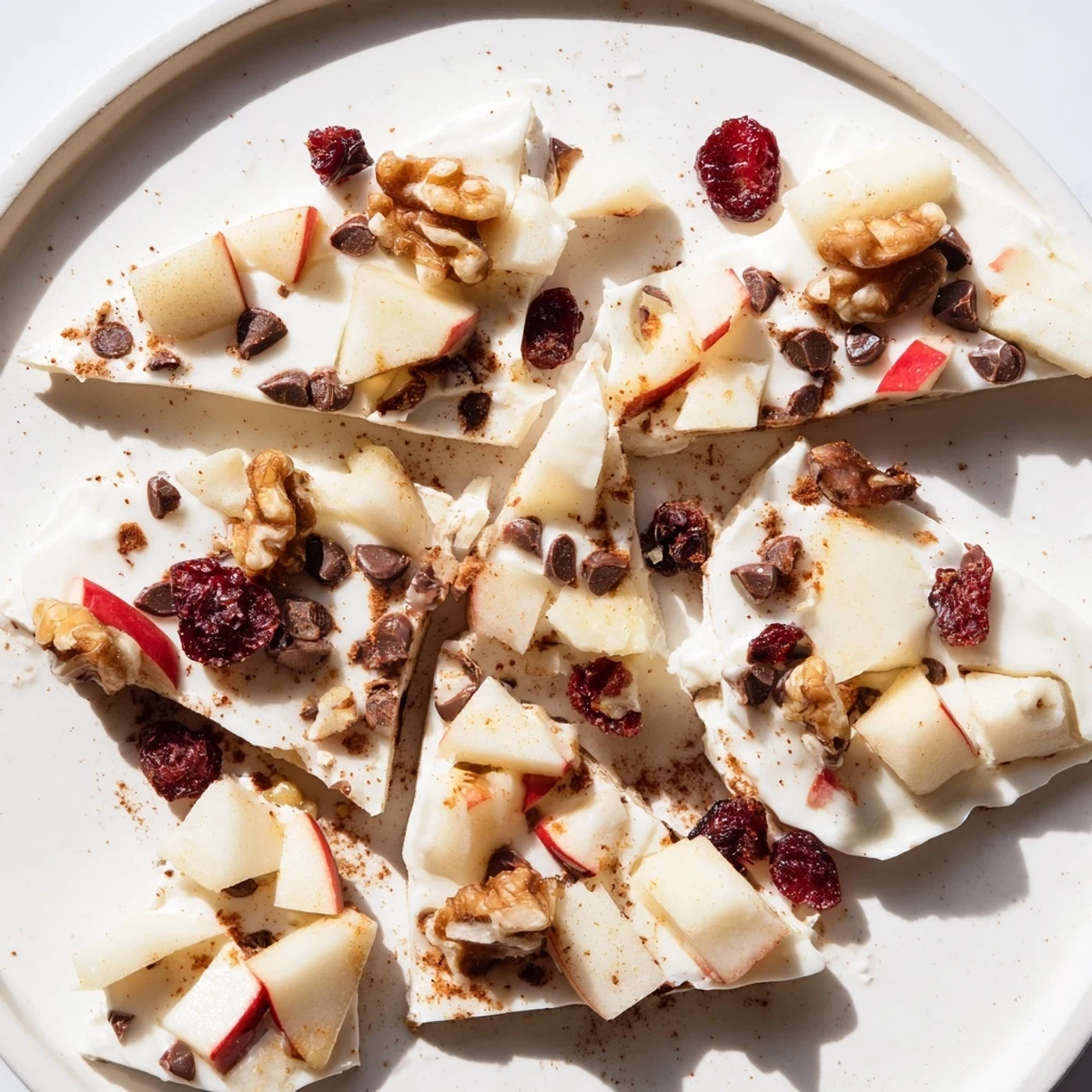 Frozen Apple Cinnamon Yogurt Bark, a refreshing snack with diced apples and cinnamon swirls.