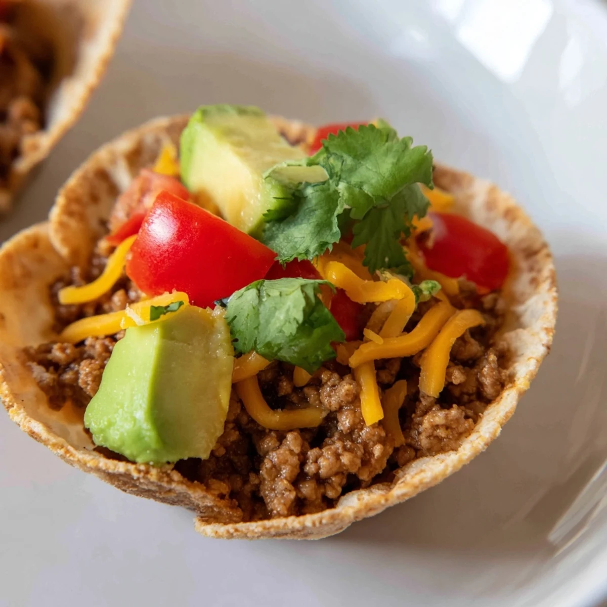 Mini Taco Cups overflowing with seasoned ground beef and melted cheese, ready to eat.