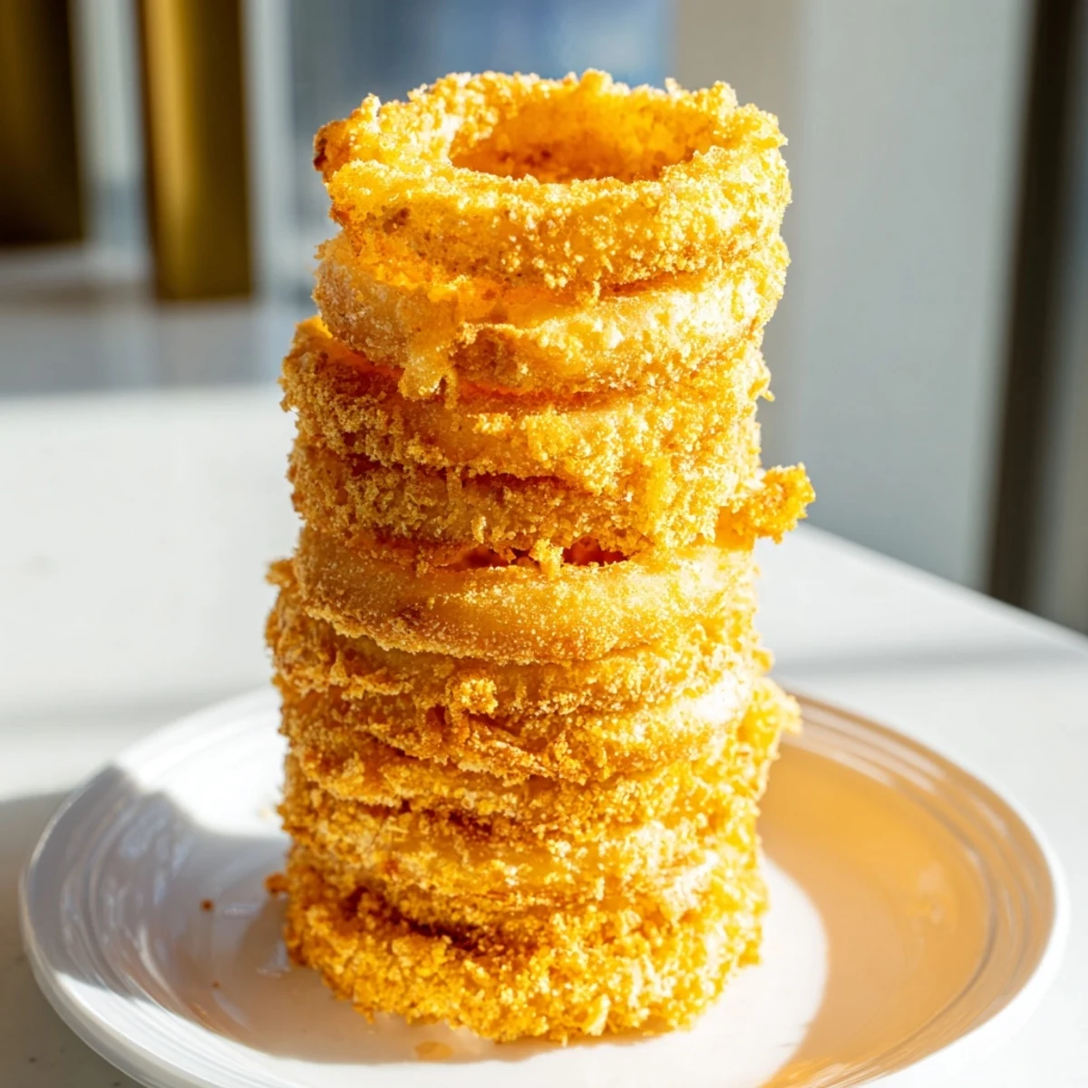 Golden and crispy Crispy Onion Ring Tower, stacked high, ready to be dipped and devoured.