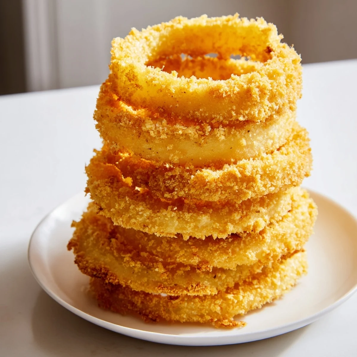 See a towering pile of delicious Crispy Onion Rings, with a perfect golden-brown, crunchy exterior.