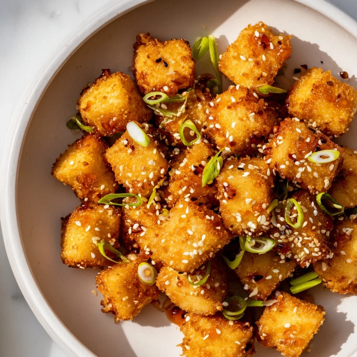 Golden, crispy Honey Sriracha Tofu Nuggets glistening with sweet and spicy glaze; an easy appetizer.
