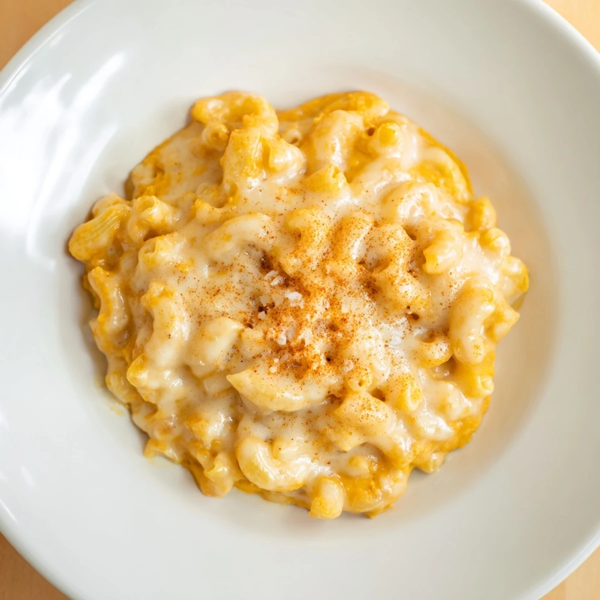 A warm bowl of creamy Pumpkin Mac & Cheese, the orange hue hinting at its delicious pumpkin flavor.
