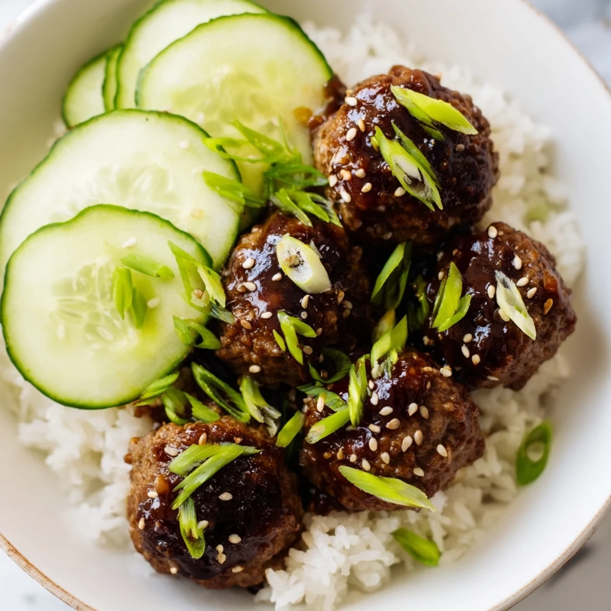 Tender teriyaki meatball bowls with glistening sauce, rice, plus refreshing cucumber slices and sesame seeds.