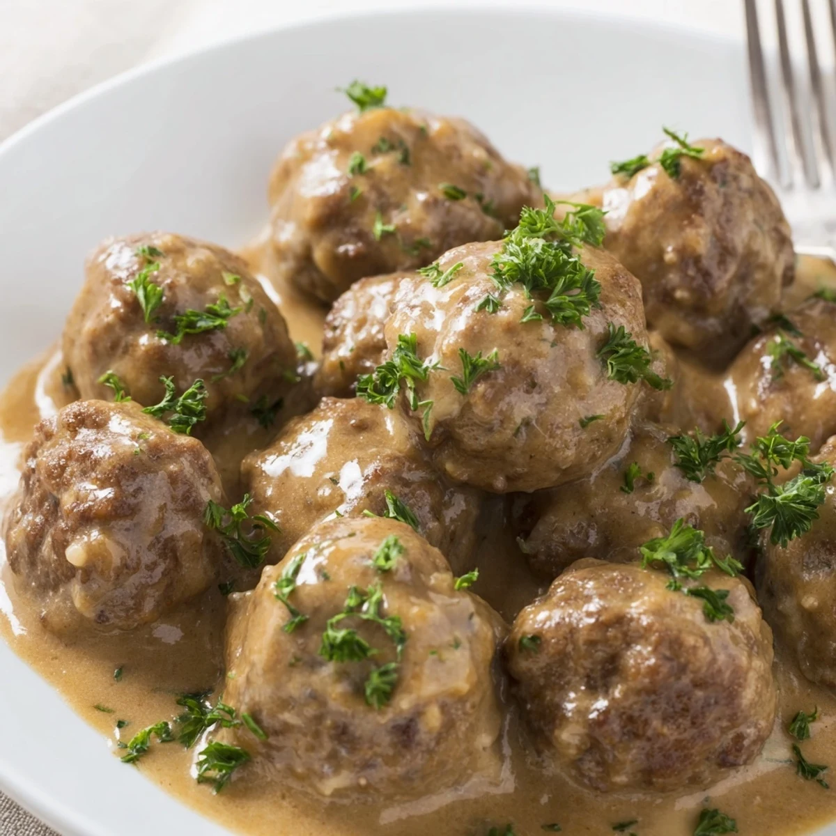 Warm, creamy Swedish meatballs swimming in a rich sauce, ready to be served.