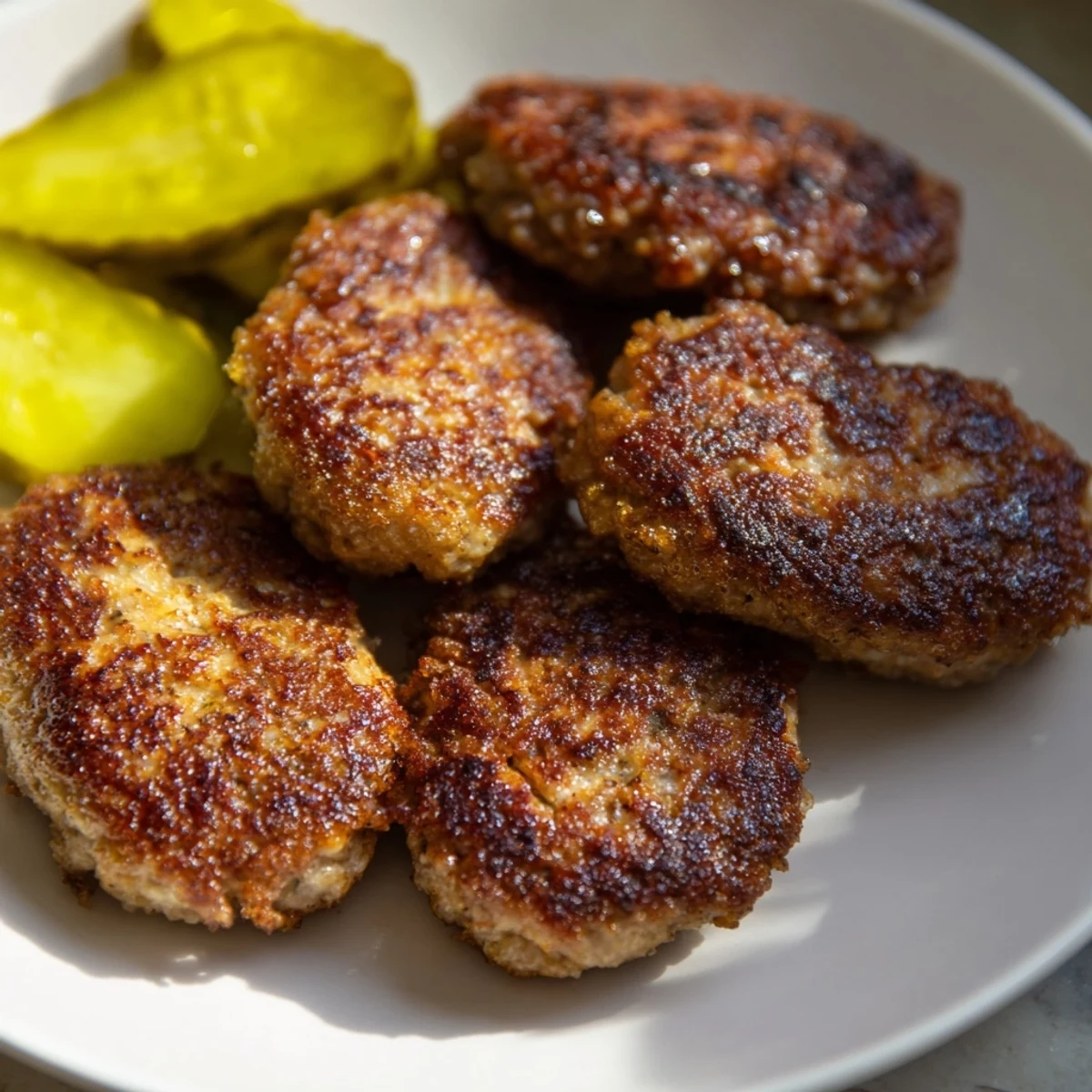 Golden, pan-fried Danish Frikadeller, juicy meatballs, ready to serve with tangy pickles alongside.