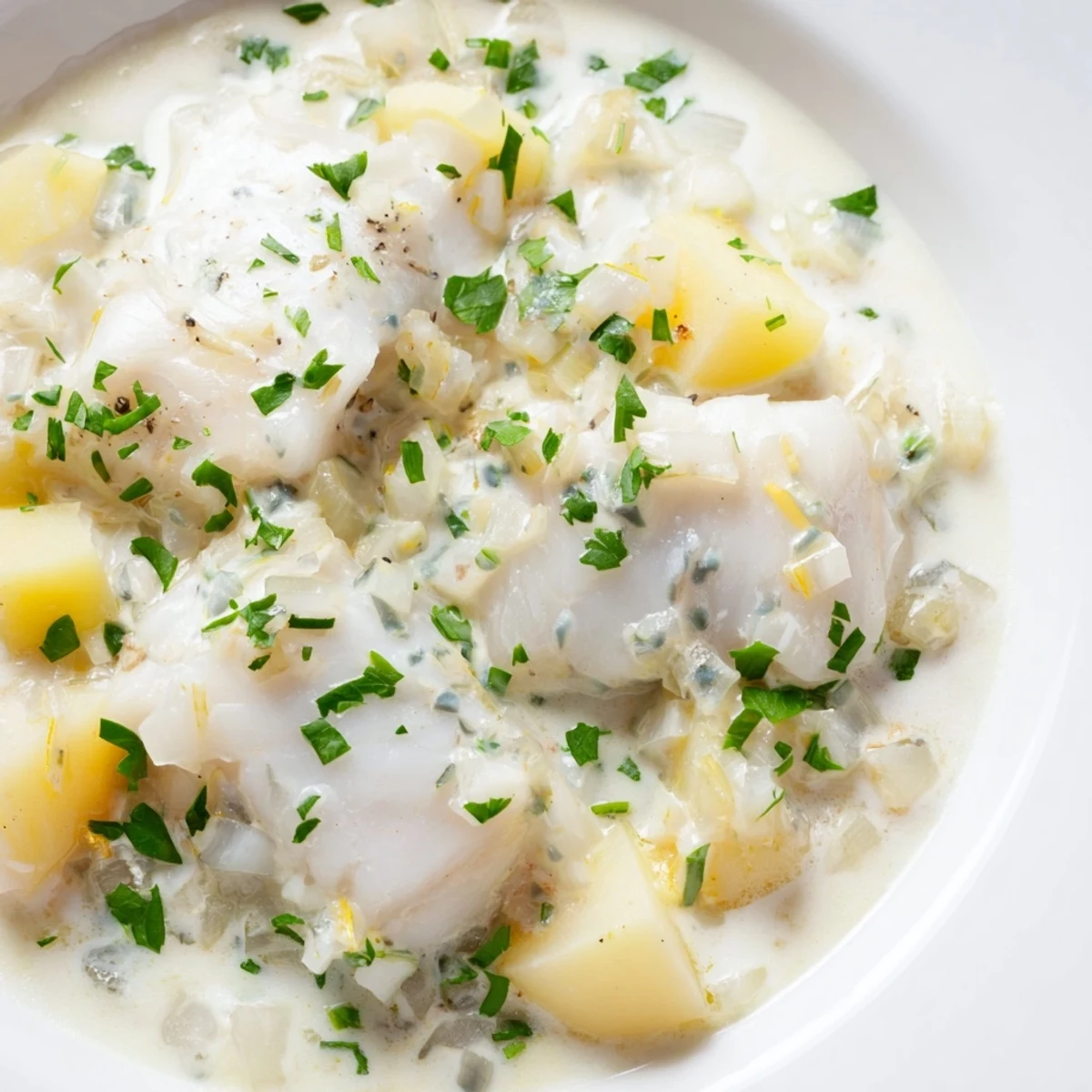 Steaming Icelandic Fish Stew simmering gently, with flaky fish and creamy potatoes for dinner.