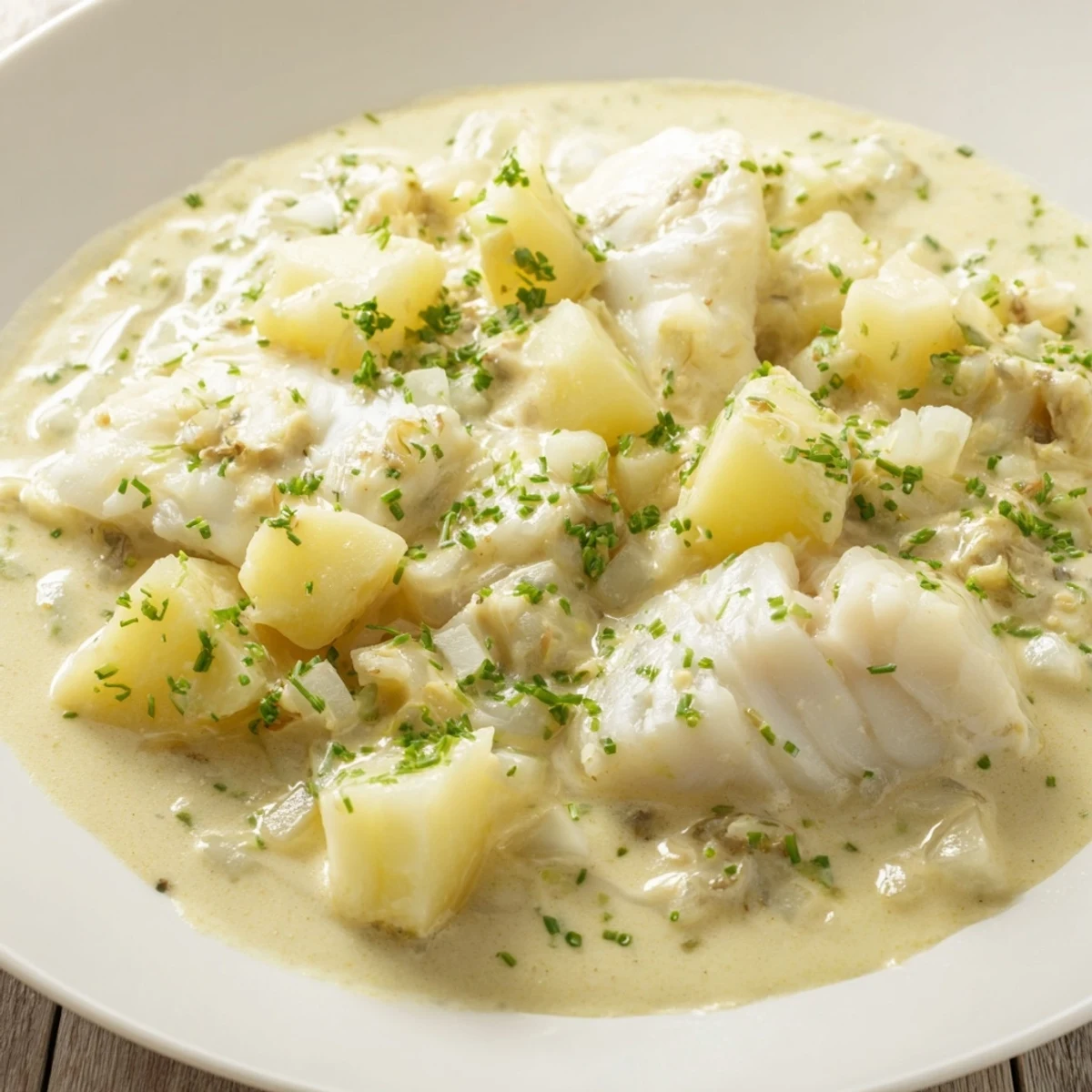 Hearty bowl of Icelandic Fish Stew, featuring tender white fish, fresh herbs, and a savory broth.
