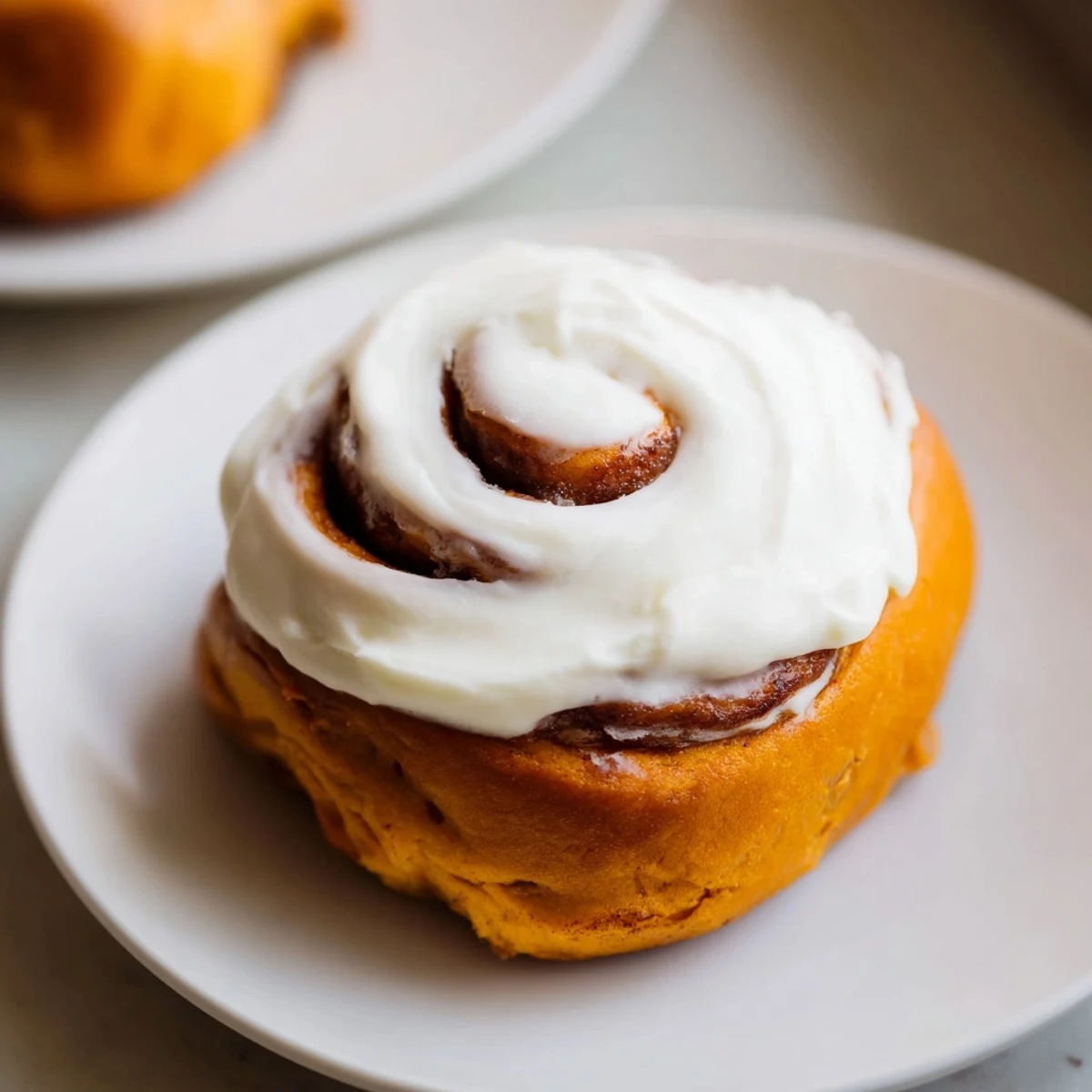 Warm Pumpkin Cinnamon Rolls rise high in a baking dish, revealing gooey cinnamon and brown sugar filling inside the fluffy pumpkin dough.