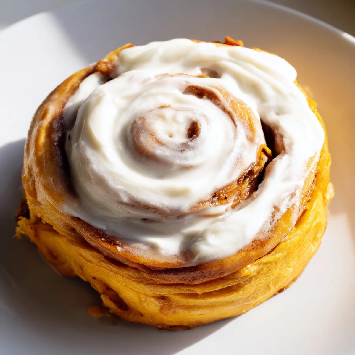 Golden-baked Pumpkin Cinnamon Rolls are arranged on a wooden board, their soft swirls glistening with a generous layer of cream cheese frosting.