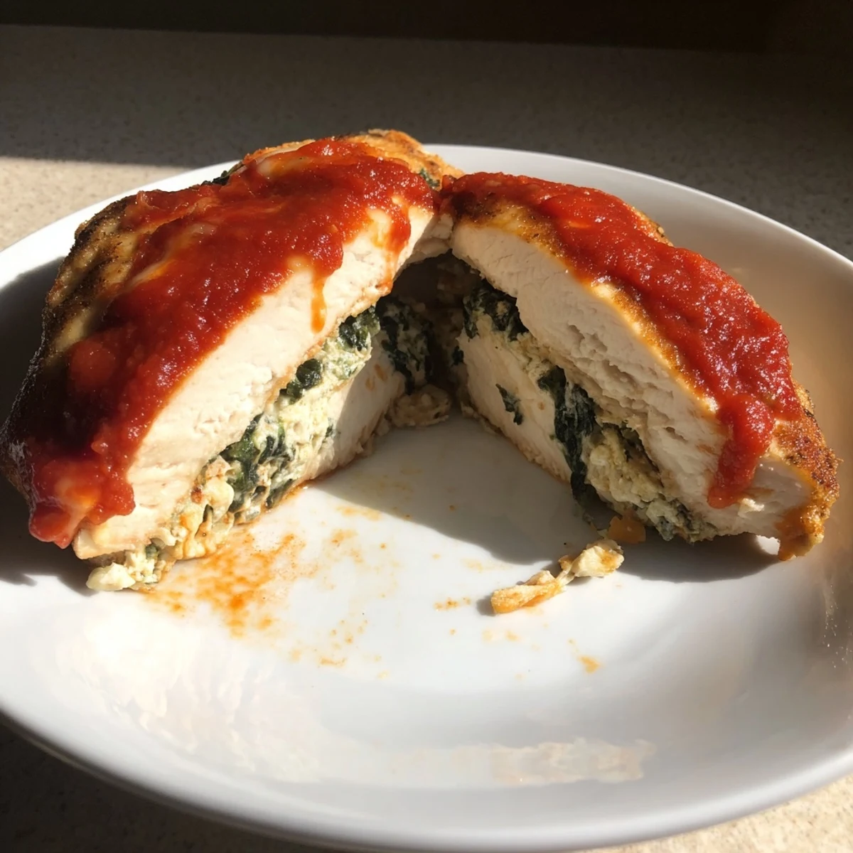Spinach ricotta stuffed chicken breasts nestled in a simmering tomato sauce, garnished with fresh basil and Parmesan for a flavorful gluten-free meal.