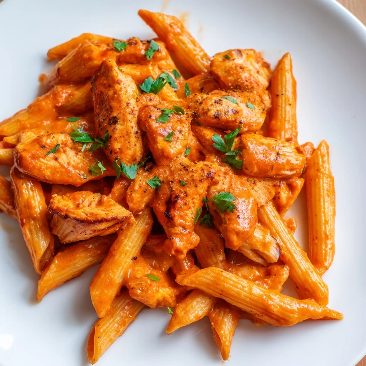 Plated chicken tikka pasta with a vibrant red sauce and fresh cilantro, perfect for a family dinner.