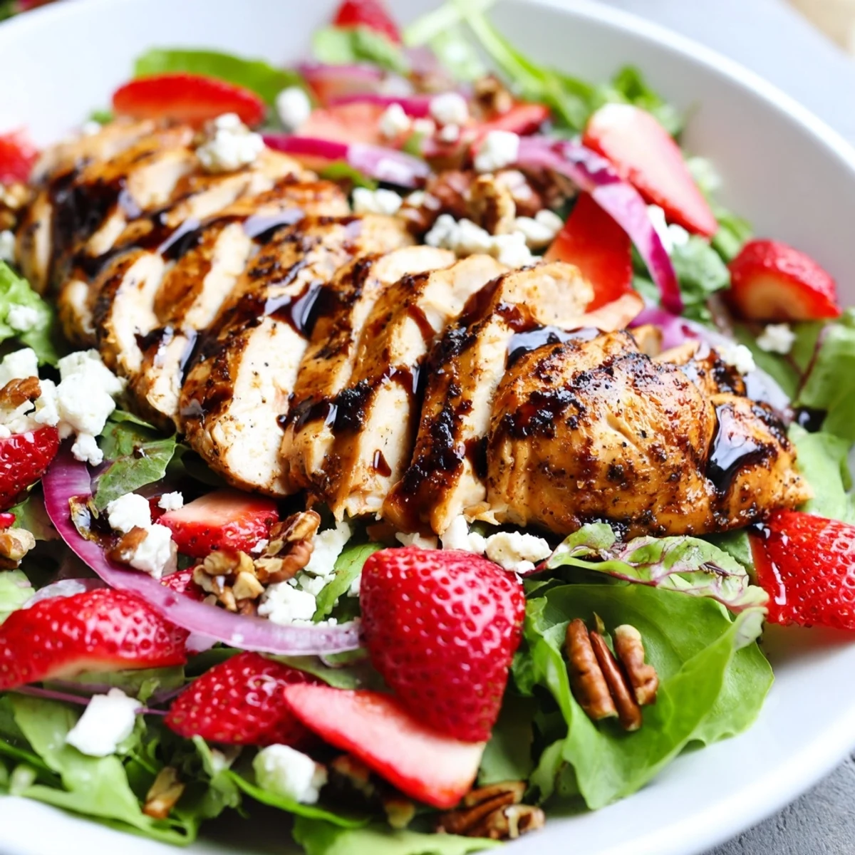 A close-up of Honey Balsamic Chicken Salad with grilled chicken slices, fresh strawberries, and crumbled goat cheese on mixed greens, drizzled with shiny glaze.