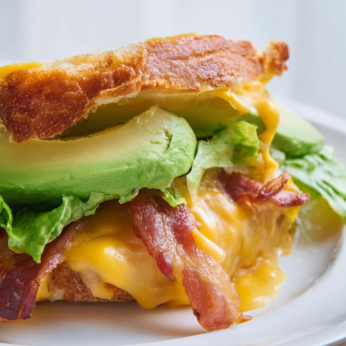Sliced Avocado BLT Grilled Cheese shows melted cheddar, crispy bacon, lettuce, tomato, and golden buttery sourdough on a plate.