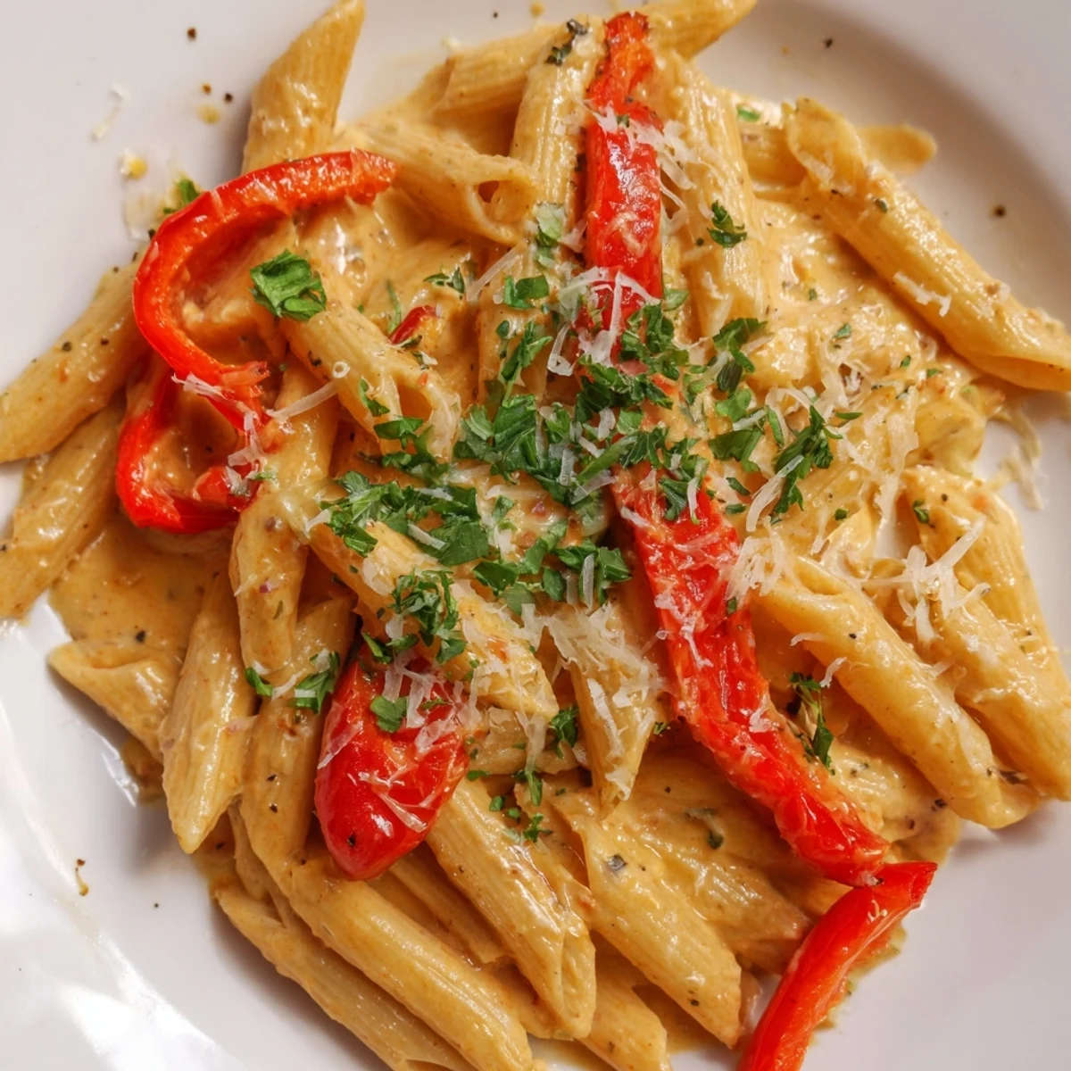 Creamy Cajun Pasta in a shallow bowl with roasted red bell peppers and fresh parsley garnish.  