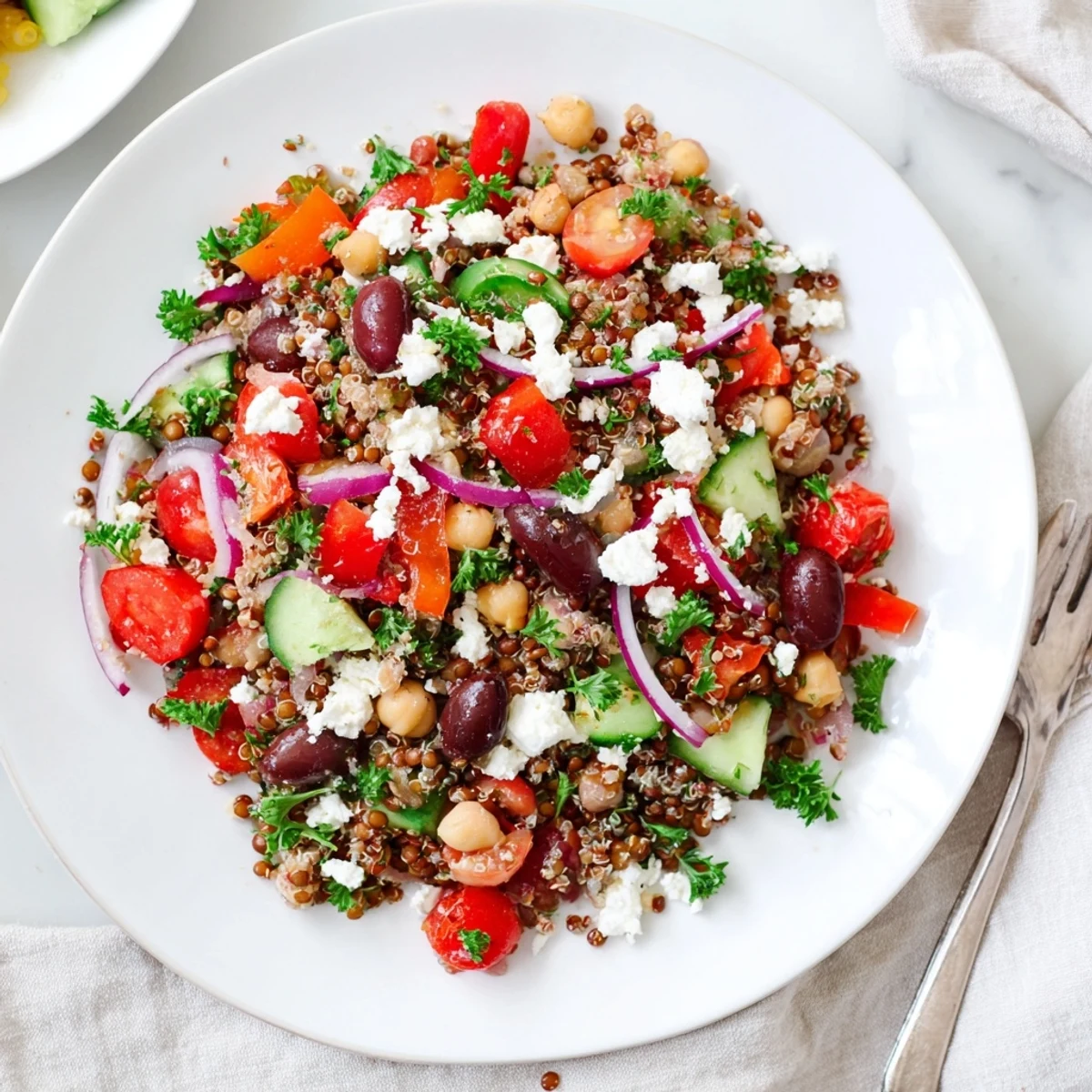A vibrant Greek Power Salad with lentils, quinoa, chickpeas, and fresh veggies in a zesty vinaigrette.  