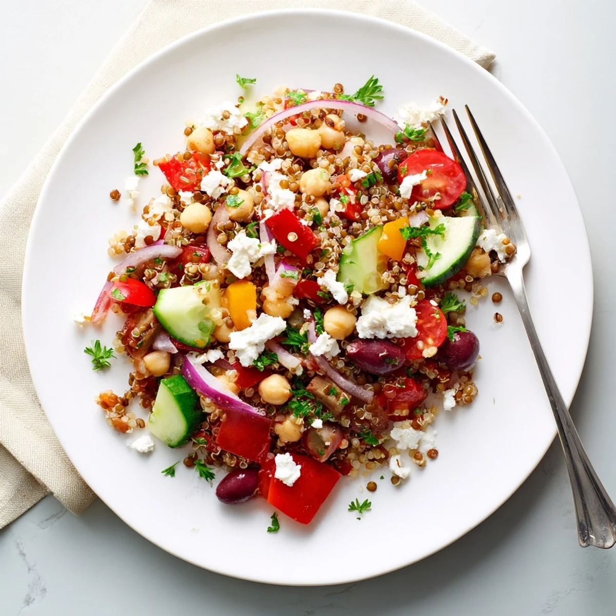 Close-up of Greek Power Salad topped with feta, Kalamata olives, and bright red cherry tomatoes.  
