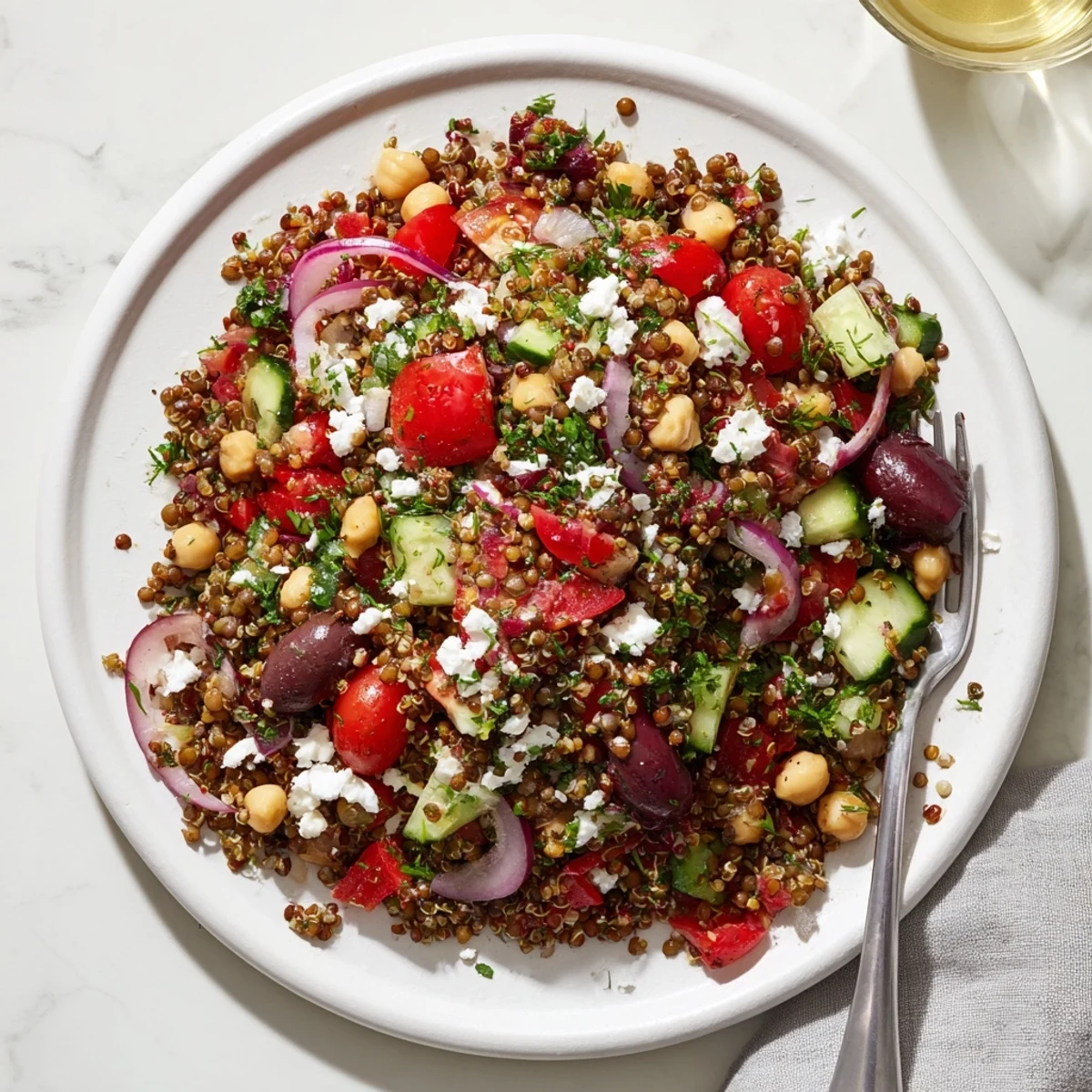 Colorful Greek Power Salad in a white bowl, perfect for a nutritious lunch or light dinner.