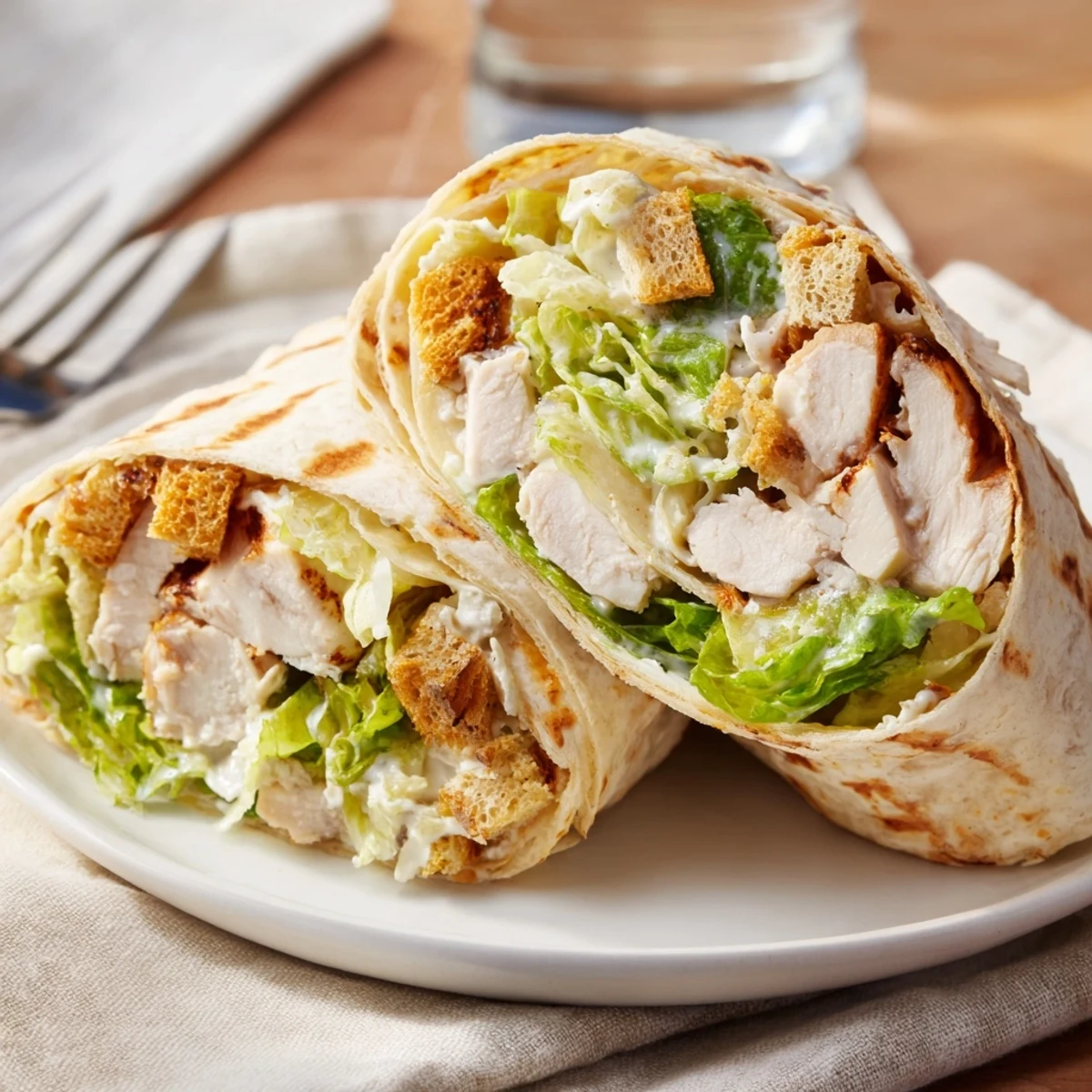 Grilled chicken Caesar salad wrap with crisp romaine, parmesan, and creamy dressing in a soft tortilla.