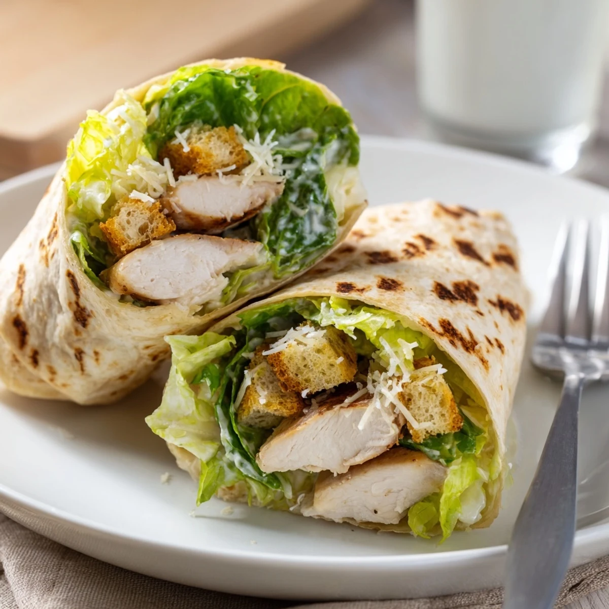 A handheld Caesar chicken salad wrap filled with juicy grilled chicken, crunchy croutons, and tangy dressing.