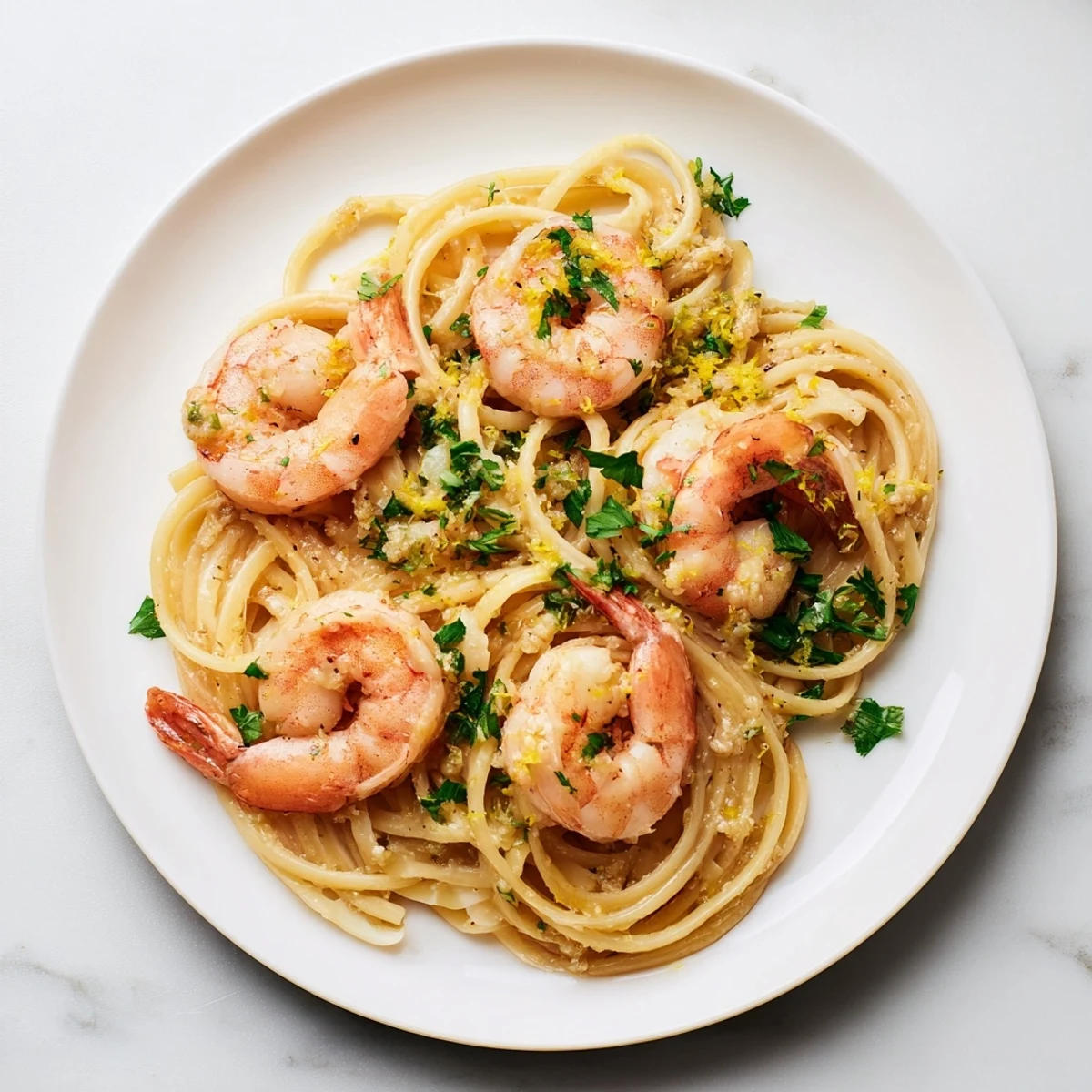 Savory Garlic Butter Shrimp Linguine served hot, garnished with parsley and a side of crusty bread.