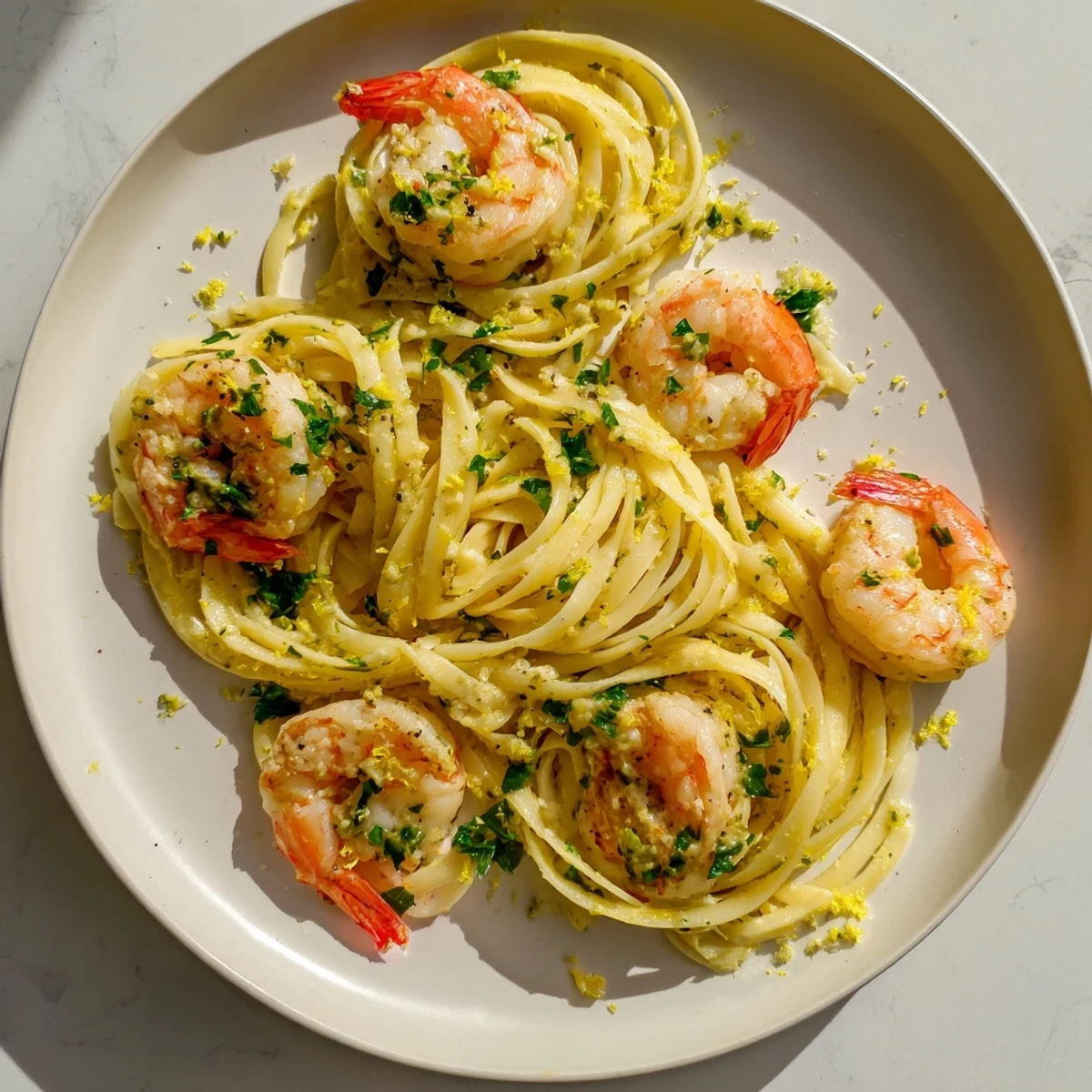 Freshly cooked Garlic Butter Shrimp Linguine glistening with lemon zest and parsley in a rustic bowl.