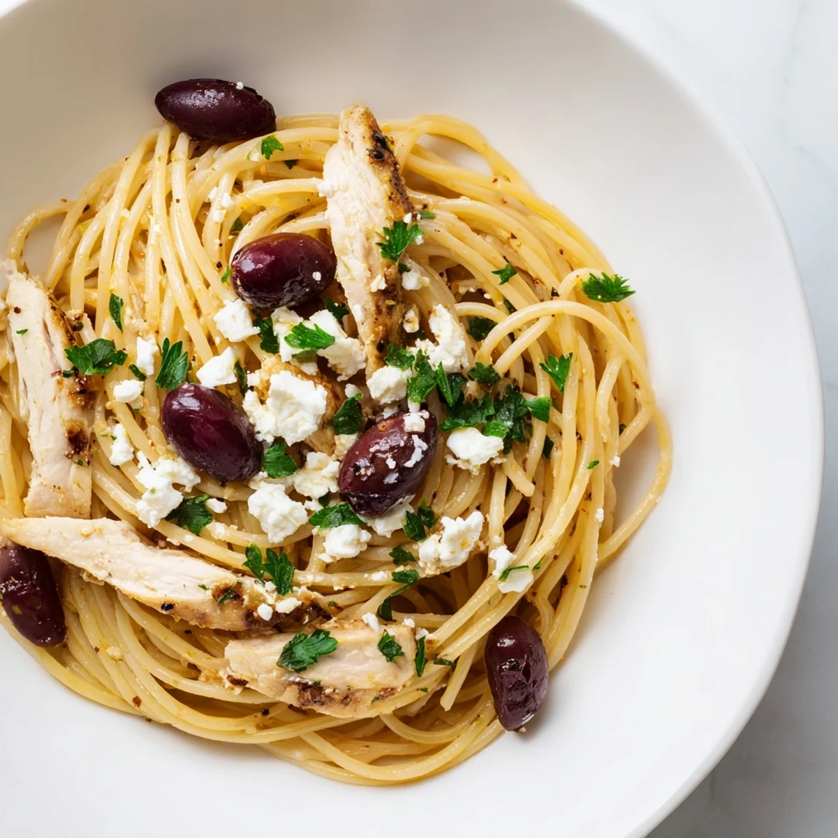 Plate of Greek Chicken Spaghetti topped with crumbled feta and parsley, served beside a glass of Assyrtiko wine.  